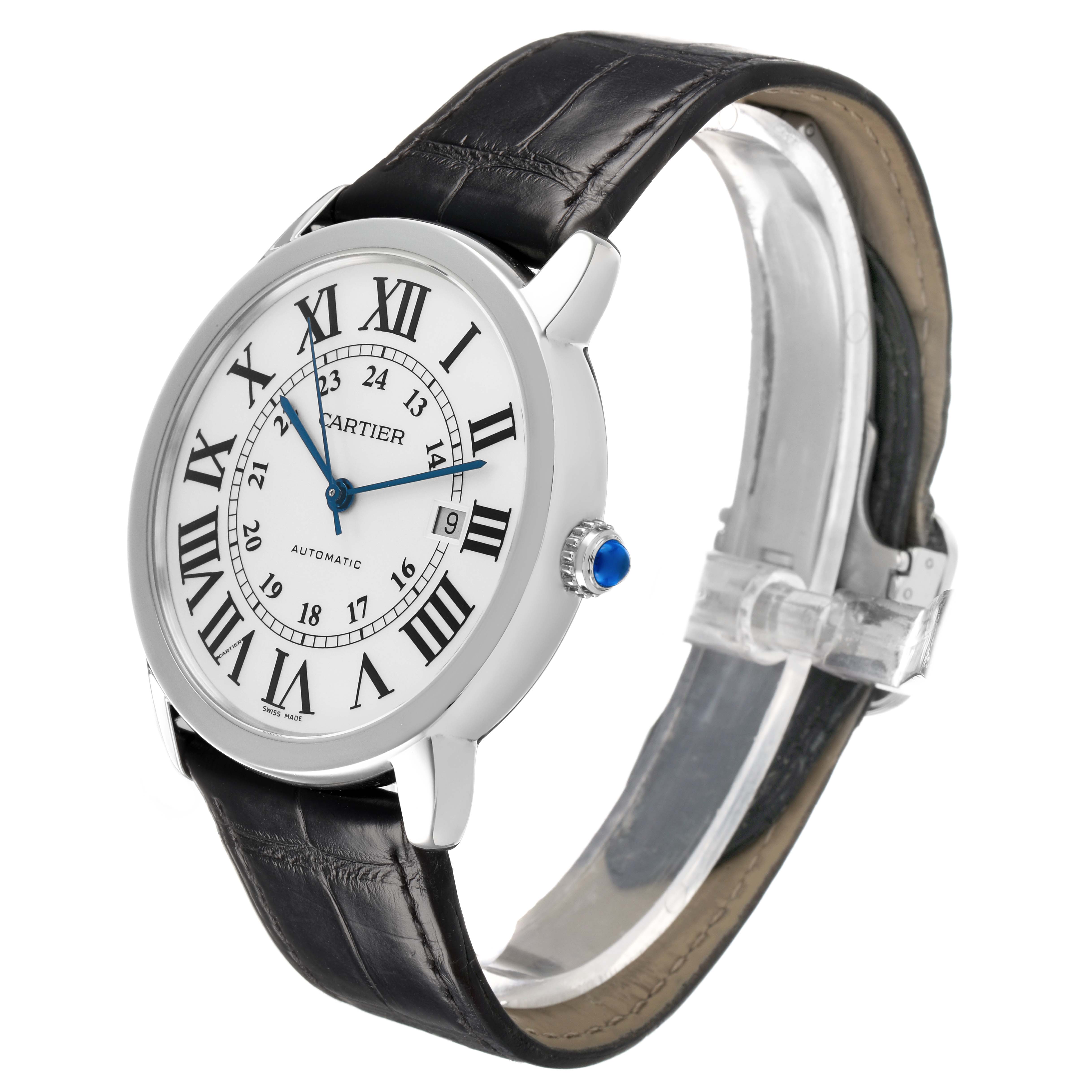 The Cartier Ronde W6701010 Men's Stainless Steel Silver Dial model watch is shown at a slight side angle, displaying the face, black leather strap, and blue cabochon crown.