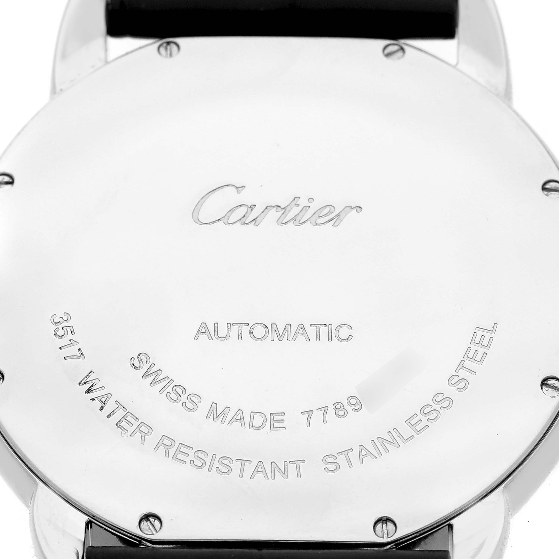 The image shows the back of a Cartier Ronde W6701010 Men's Stainless Steel Silver Dial watch, highlighting the engraved details and lugs.