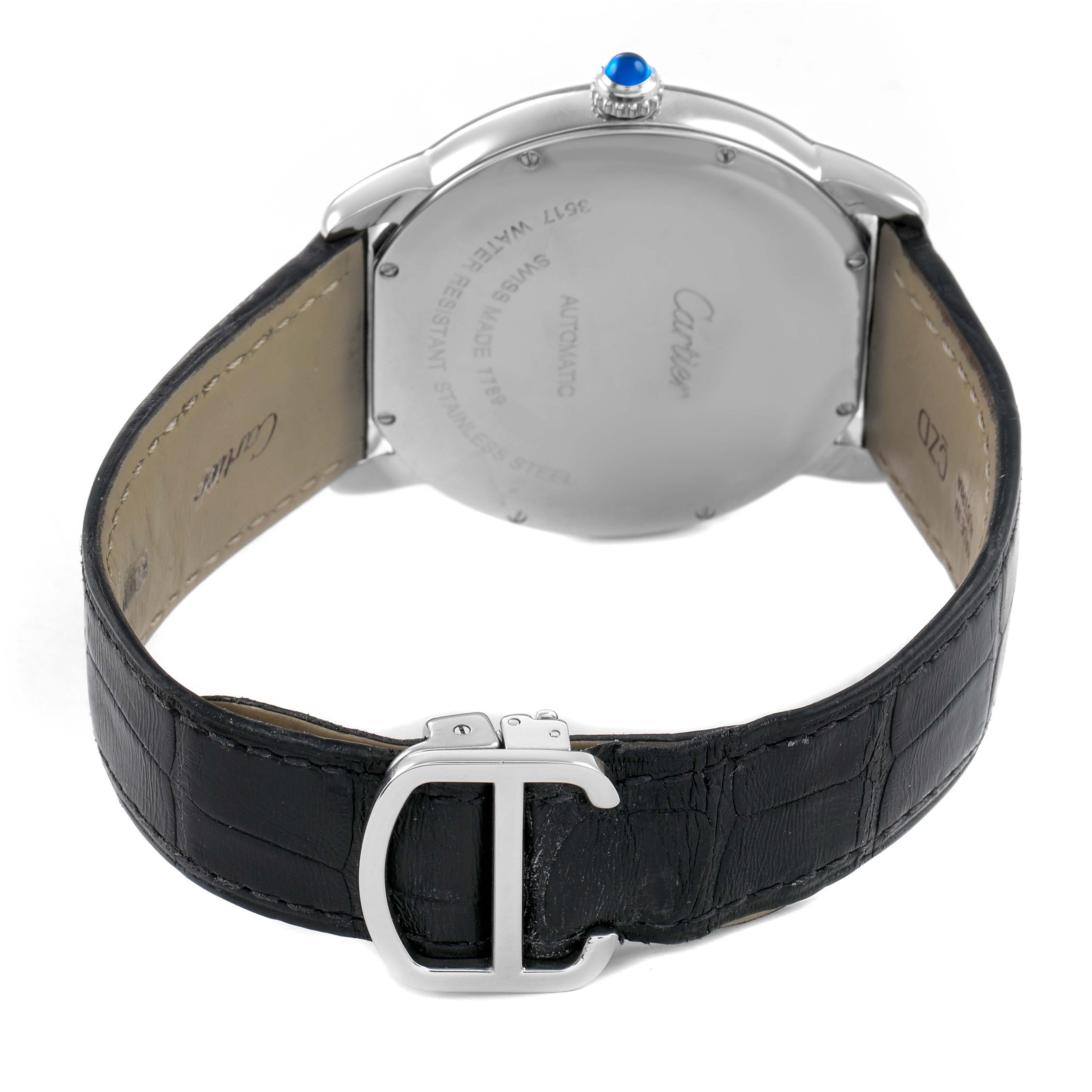 The image shows the back of the Cartier Ronde W6701010 Men's Stainless Steel Silver Dial watch, highlighting the case, strap, and buckle.