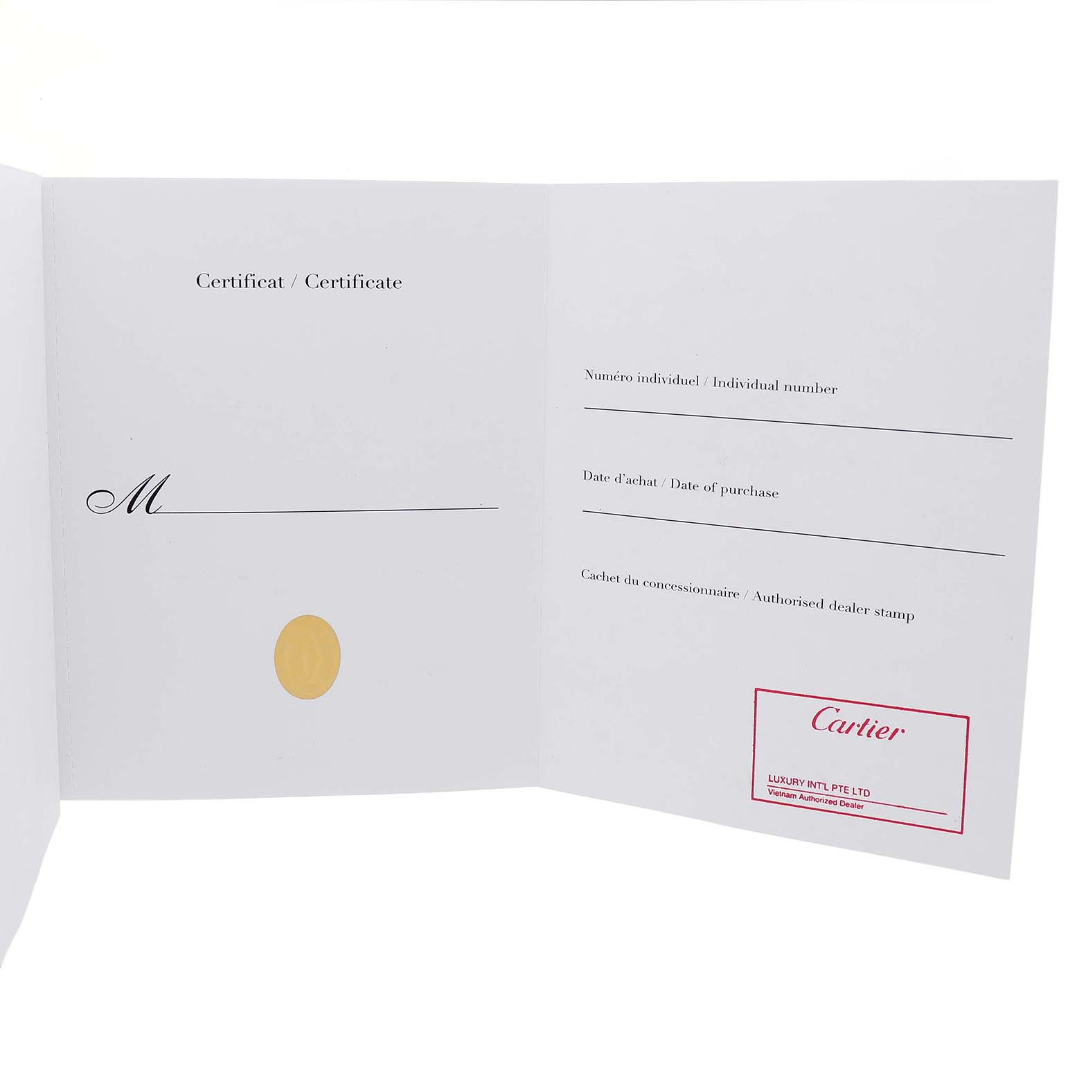 The image shows a Cartier Ronde W6701010 Men's Stainless Steel Silver Dial model certificate with spaces for individual number, purchase date, and dealer stamp.