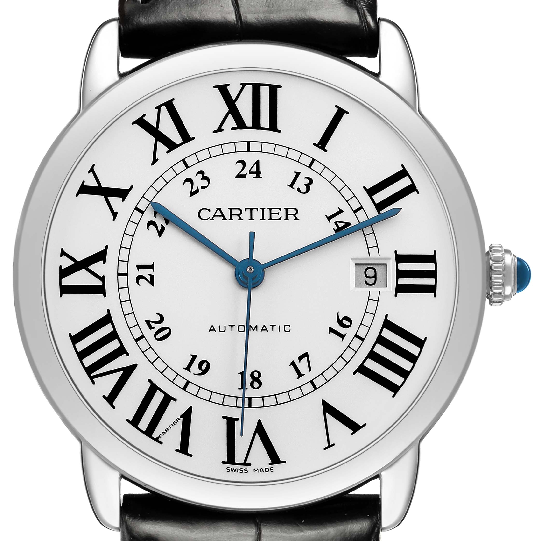 The Cartier Ronde W6701010 Men's Stainless Steel Silver Dial watch is shown from the front, displaying Roman numerals, blue hands, and a date window.