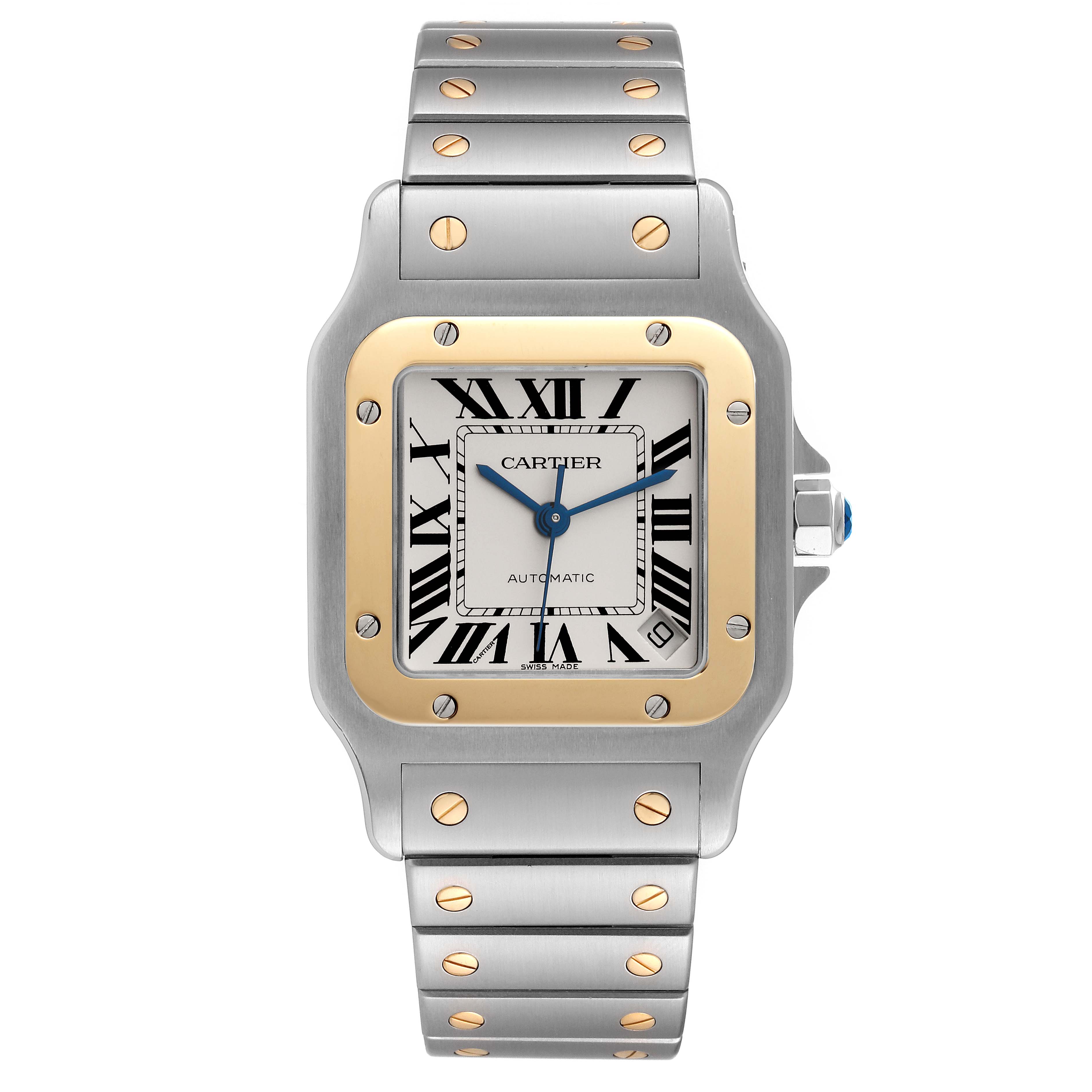 The image shows a front view of a Cartier Santos W20099C4 Men
s Stainless Steel Silver Dial W20099C4 Men
s Stainless Steel Silver Dial watch, displaying the face, bezel, and part of the bracelet.