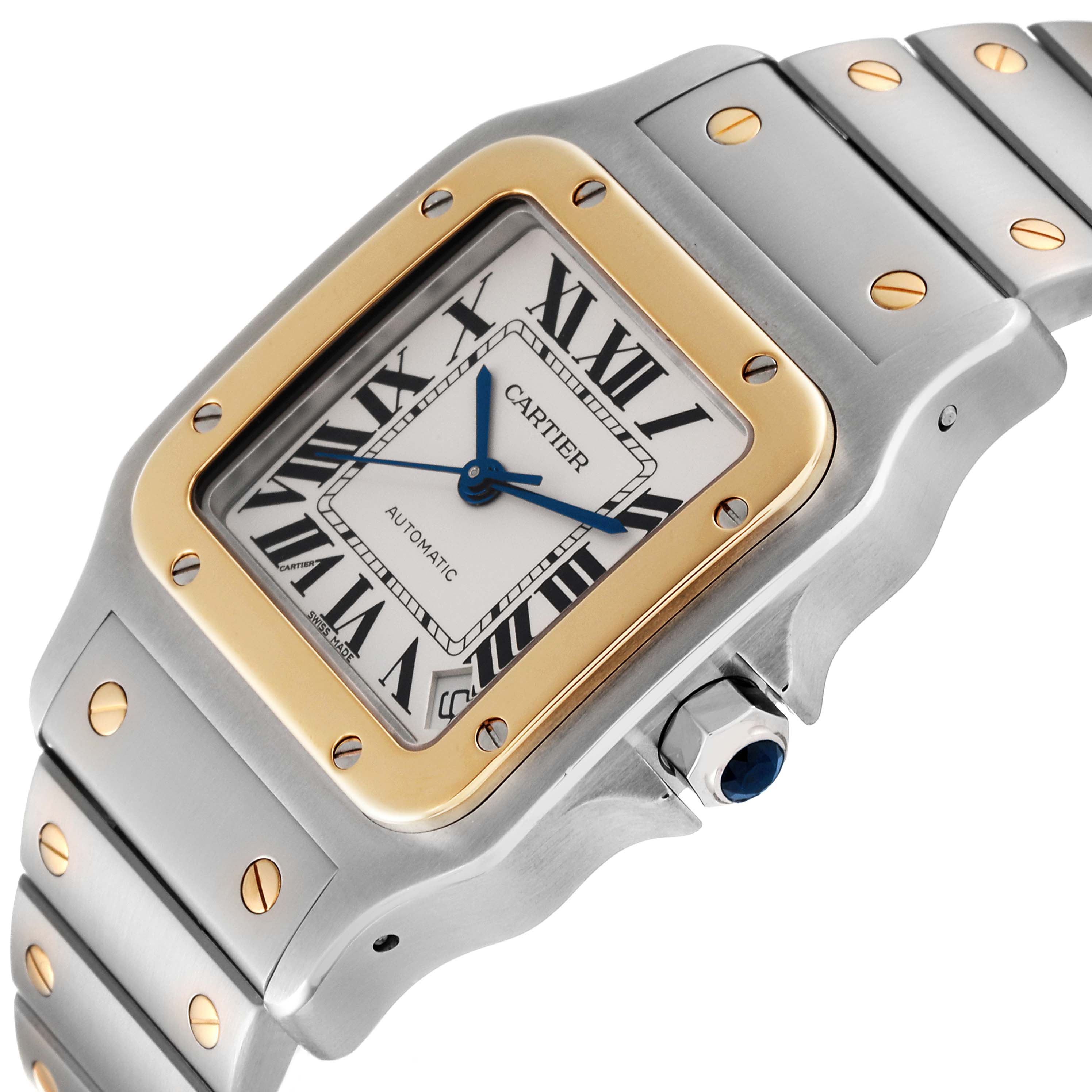 The Cartier Santos W20099C4 Men
s Stainless Steel Silver Dial W20099C4 Men
s Stainless Steel Silver Dial watch is shown at an angled view, highlighting its face, bezel, dial, crown, and bracelet.