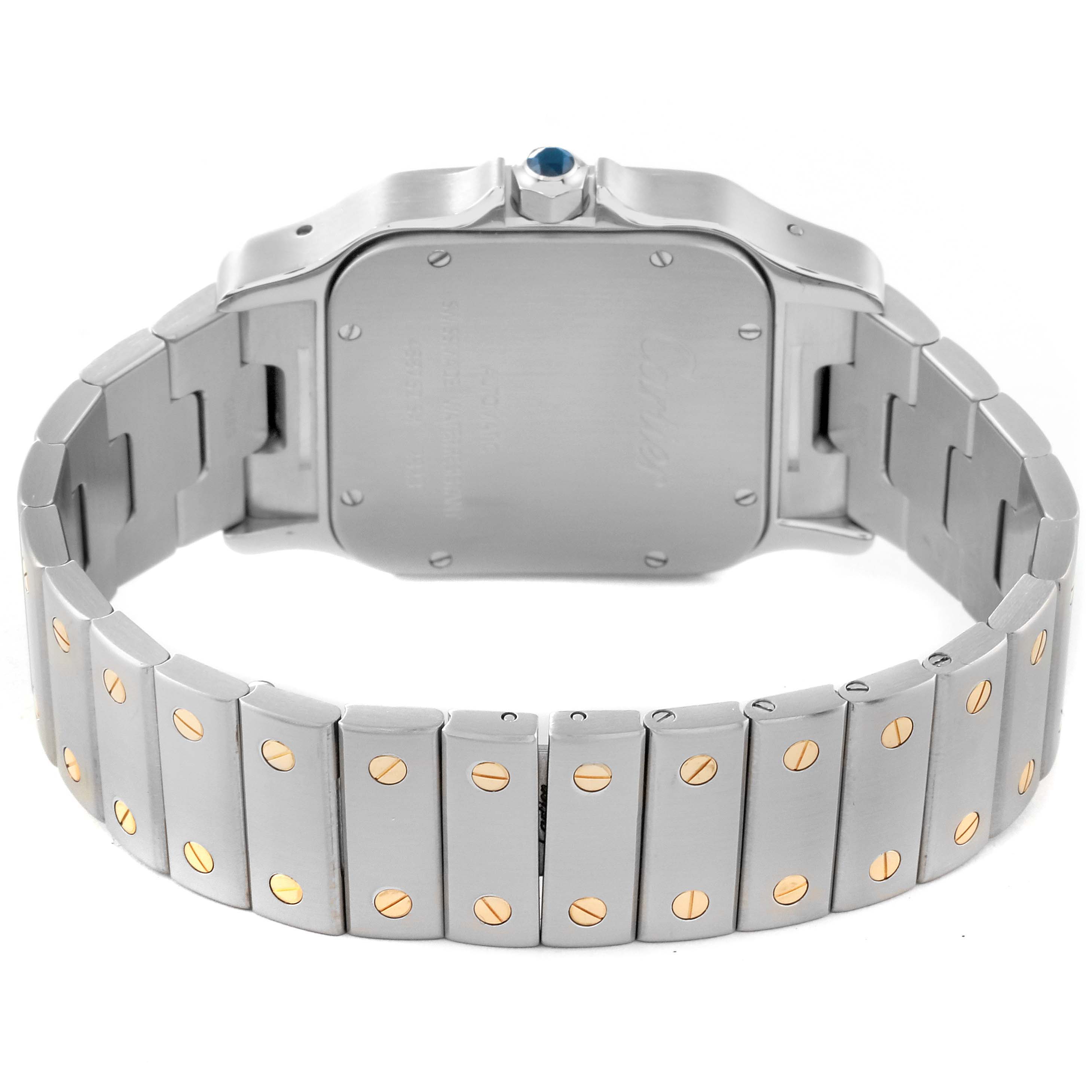 This image shows the back and bracelet of a Cartier Santos W20099C4 Men
s Stainless Steel Silver Dial W20099C4 Men
s Stainless Steel Silver Dial watch, highlighting the screws and links.