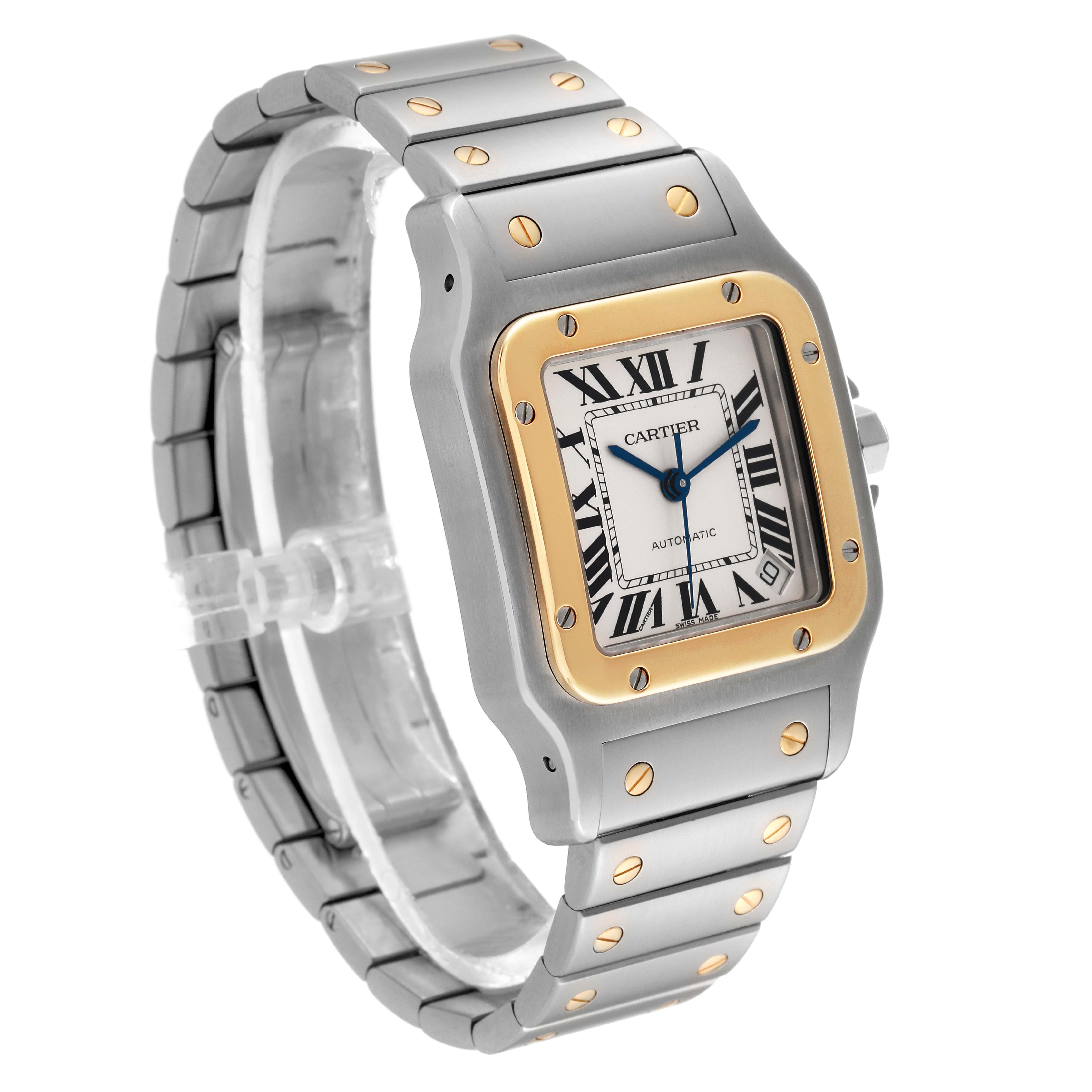 This image shows a side angle of a Santos model by Cartier, highlighting the watch face, bezel, and bracelet.