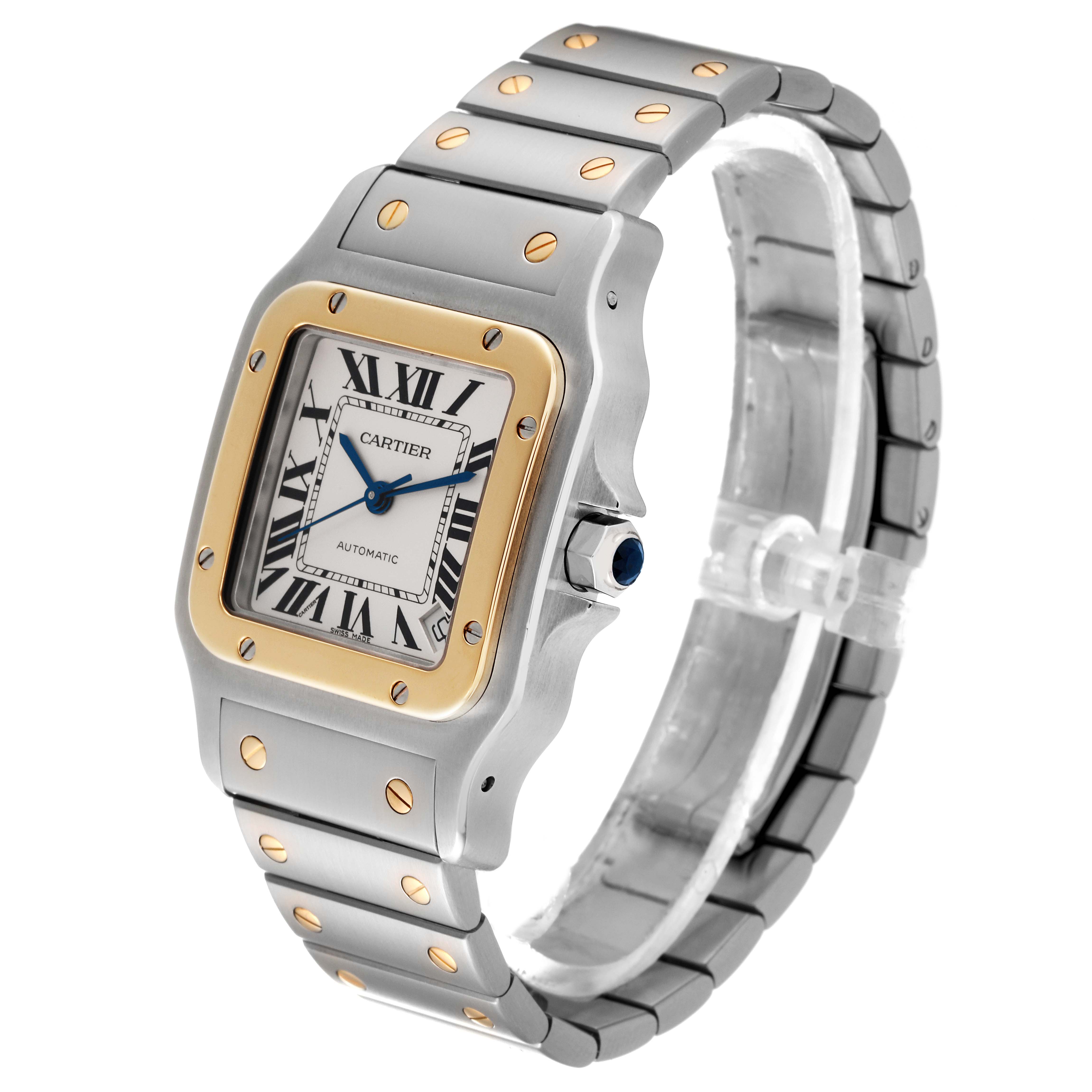 This image shows a Cartier Santos W20099C4 Men
s Stainless Steel Silver Dial W20099C4 Men
s Stainless Steel Silver Dial watch, captured at a three-quarter angle highlighting the face, bezel, crown, and bracelet.