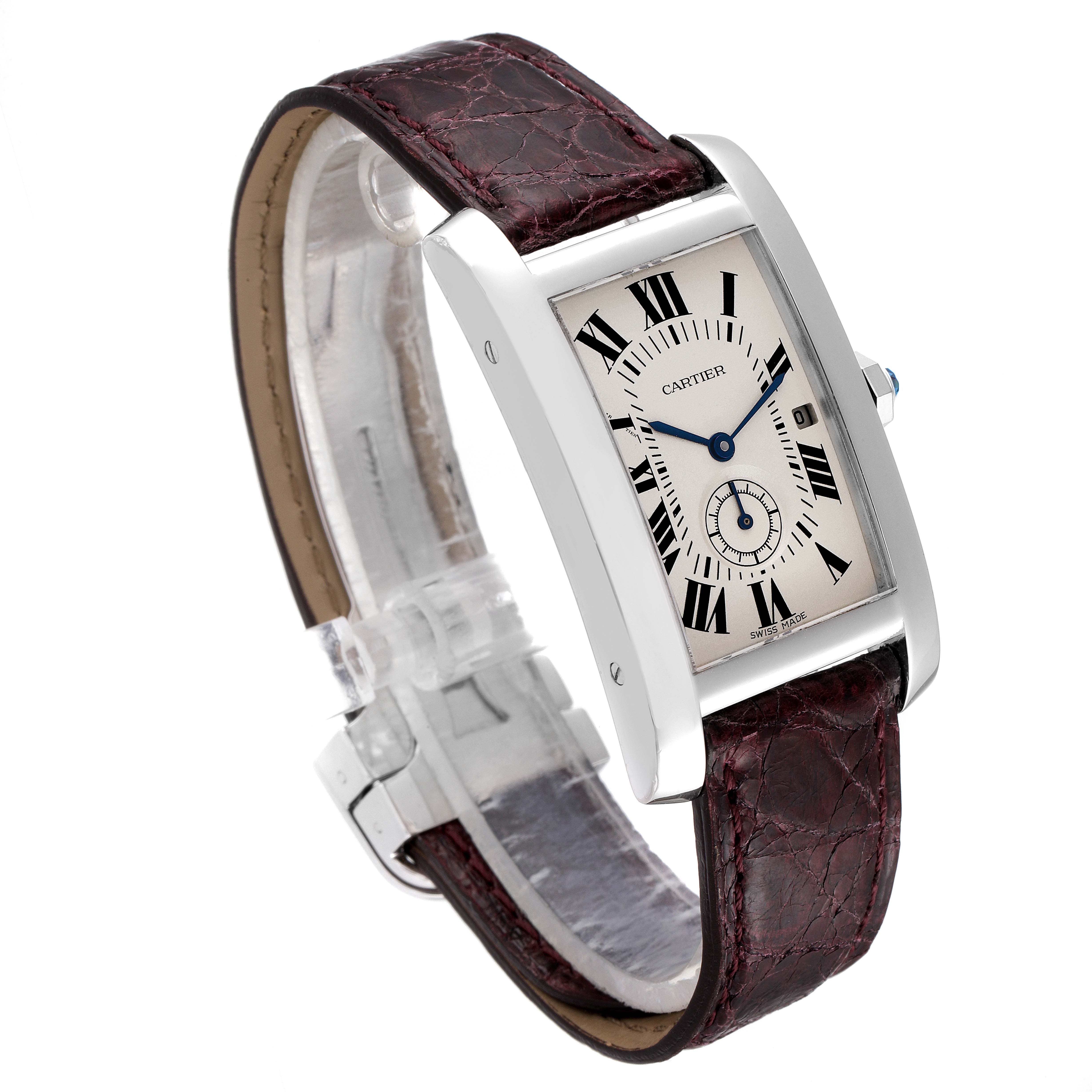 The Cartier Tank Americaine 3012905 Women's White Gold Silver Dial 3012905 Women's White Gold Silver Dial watch is shown at a slight angle, highlighting the rectangular face, Roman numerals, and leather strap.
