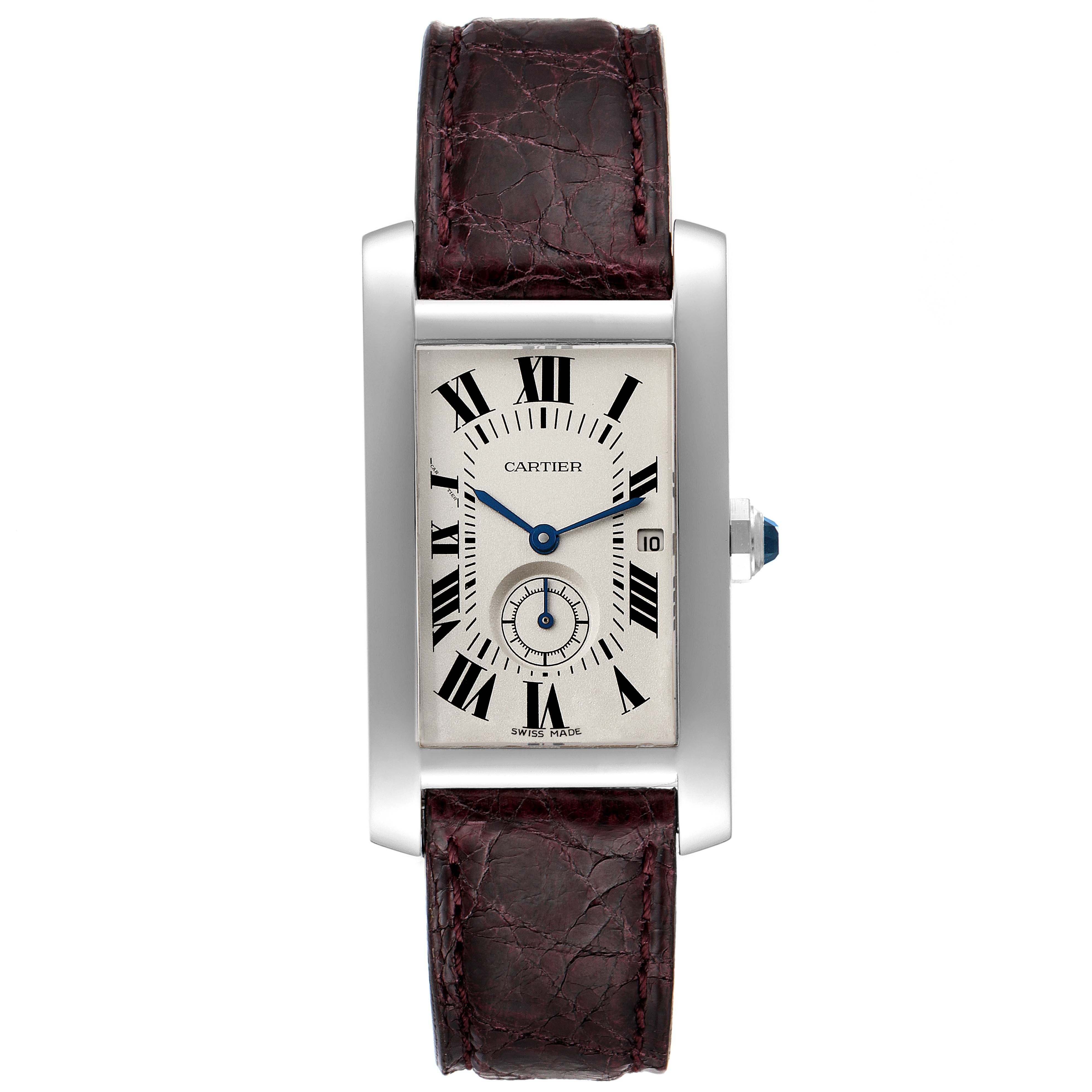 The image shows a front view of the Cartier Tank Americaine 3012905 Women's White Gold Silver Dial 3012905 Women's White Gold Silver Dial watch, displaying its face, leather strap, and side crown.