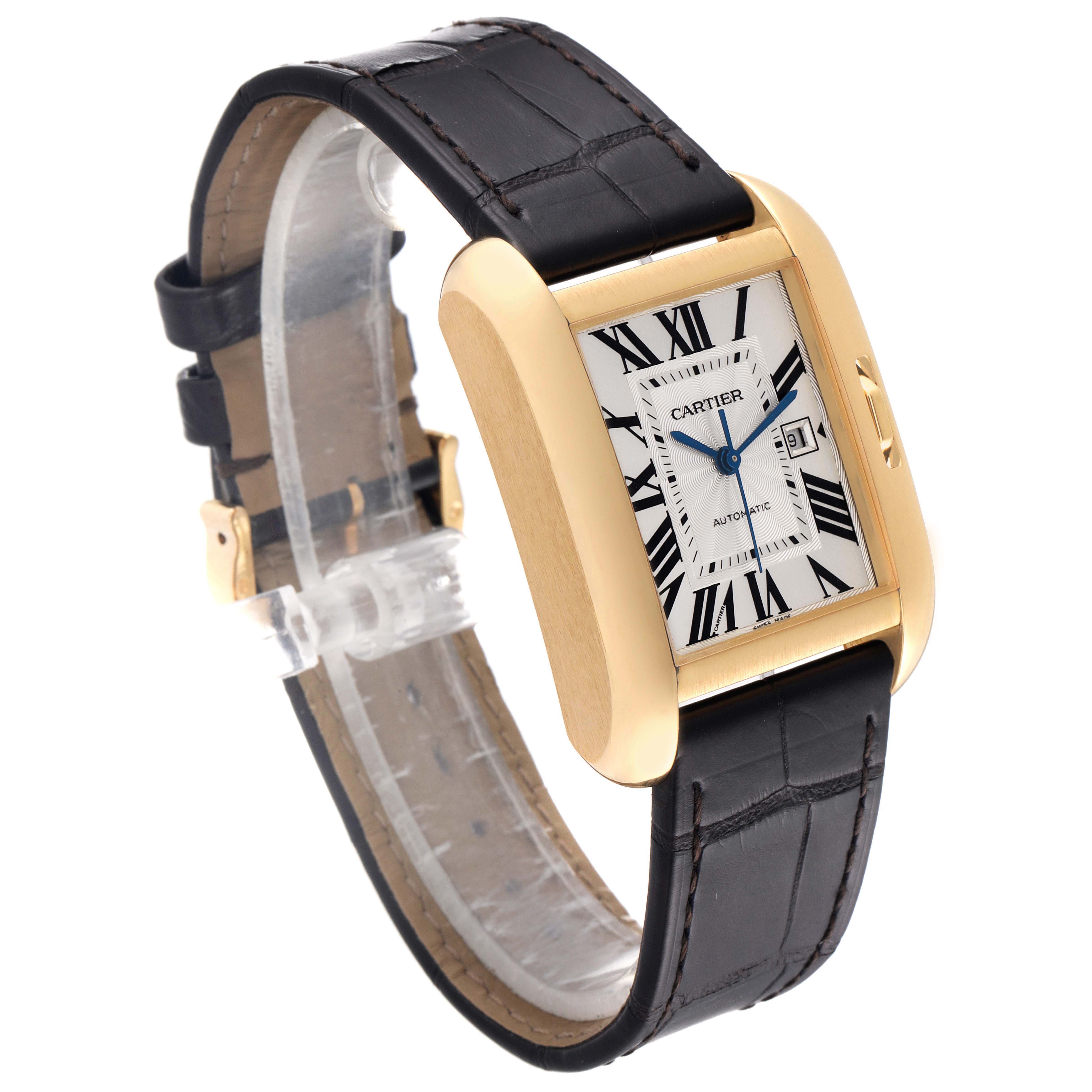 The image shows a Cartier Tank Anglaise W5310030 Men's Yellow Gold Silver Dial W5310030 Men's Yellow Gold Silver Dial watch at an angled front view, displaying the dial, case, and part of the leather strap.