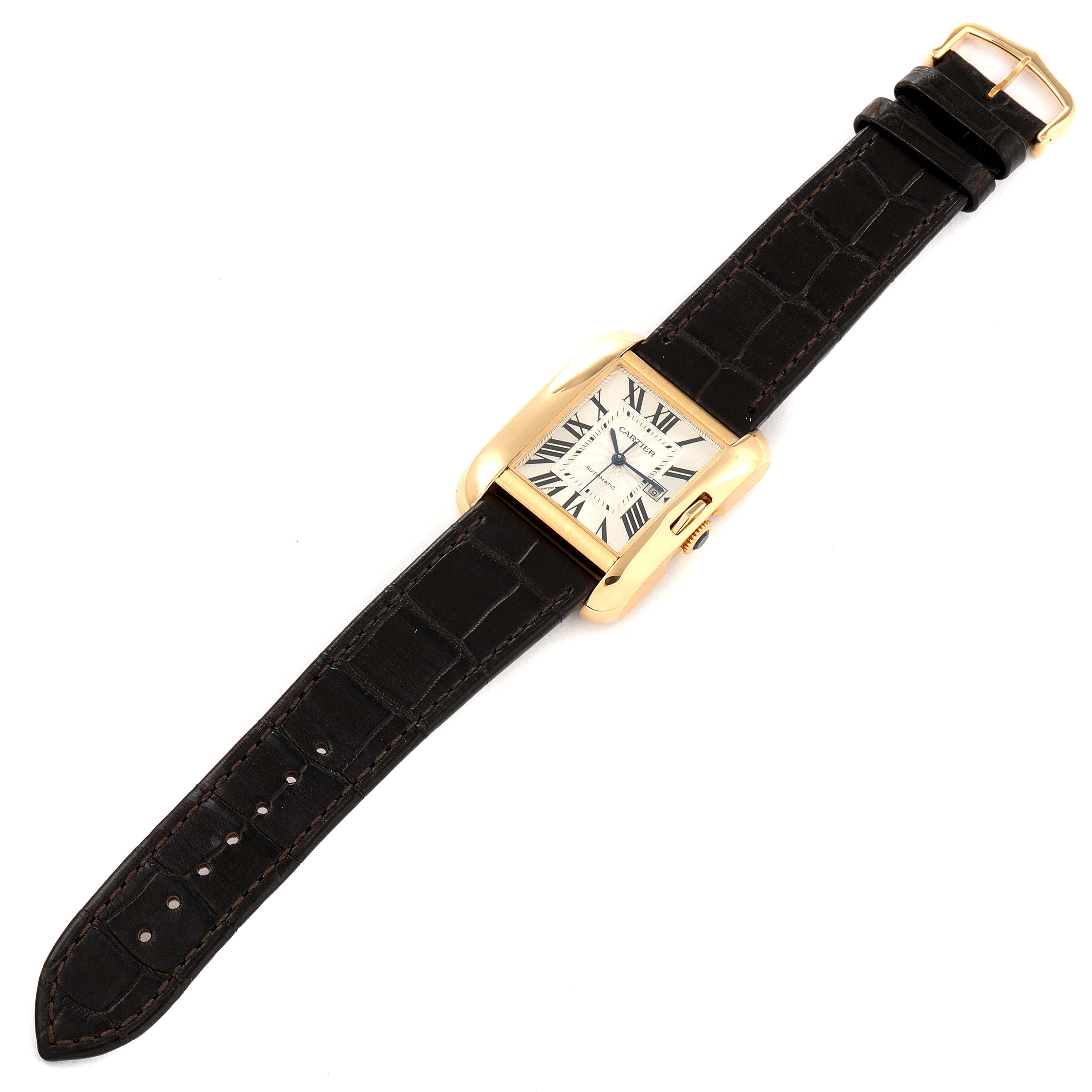 The Cartier Tank Anglaise W5310030 Men's Yellow Gold Silver Dial W5310030 Men's Yellow Gold Silver Dial watch is shown from a top-down angle, displaying the entire face, case, and leather strap.