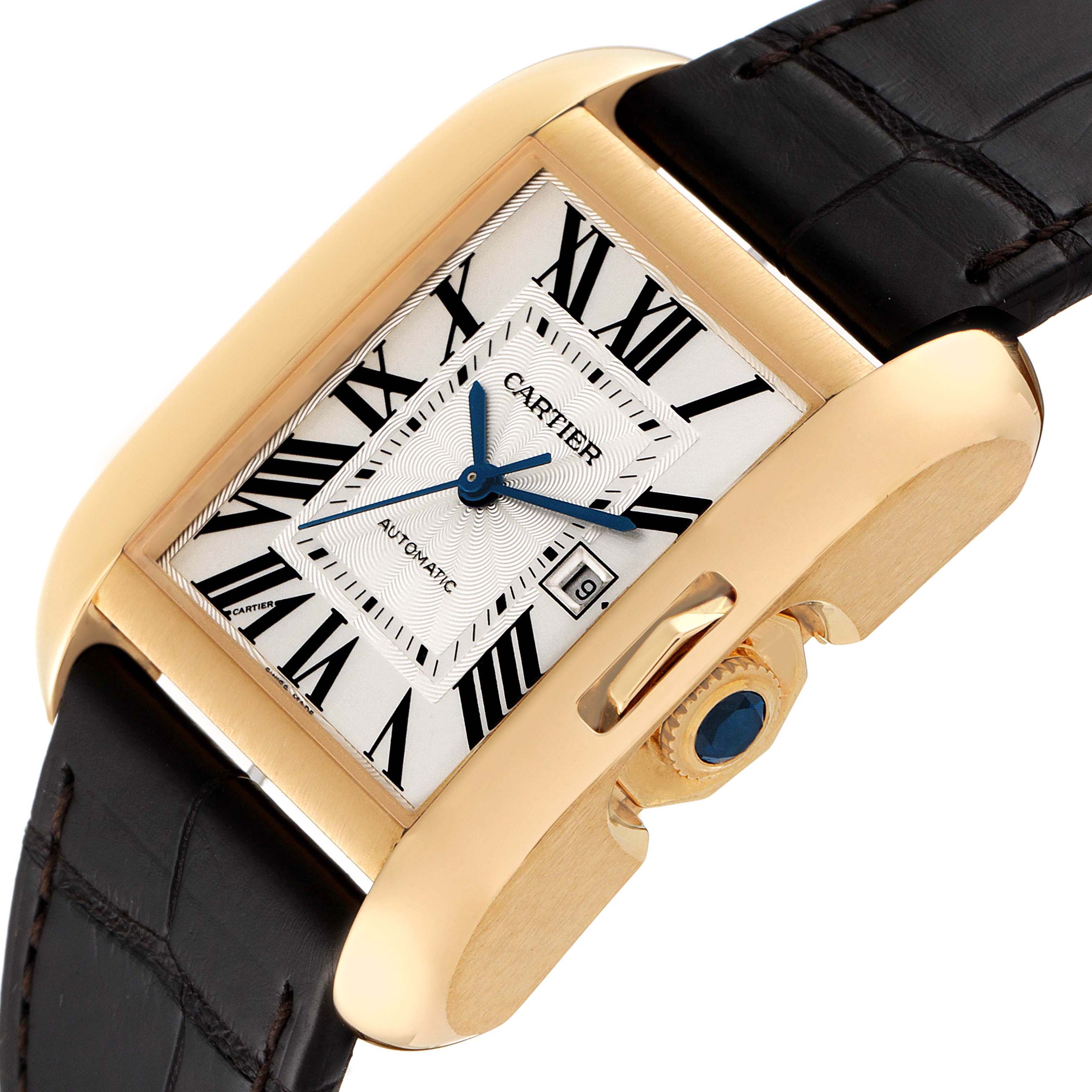 This image shows a close-up angled view of a Cartier Tank Anglaise W5310030 Men's Yellow Gold Silver Dial W5310030 Men's Yellow Gold Silver Dial watch, highlighting the dial, crown, and strap.