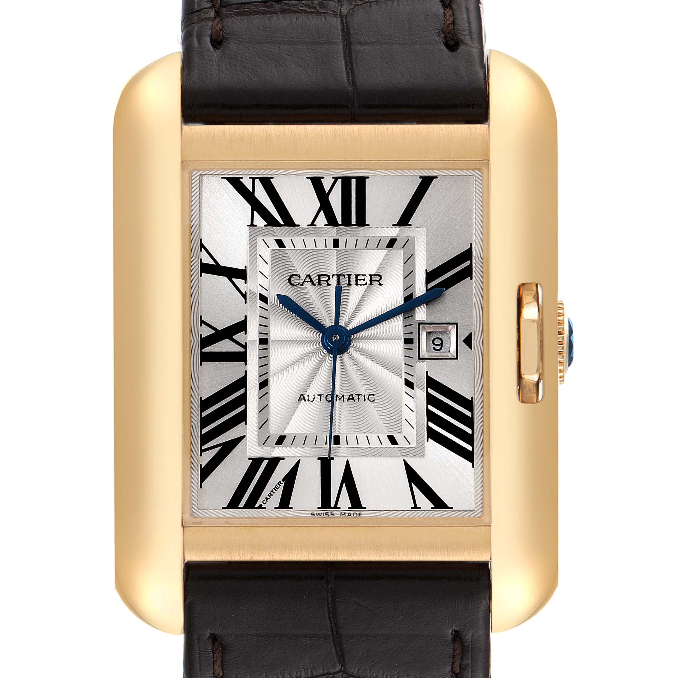 This image shows a Cartier Tank Anglaise W5310030 Men's Yellow Gold Silver Dial W5310030 Men's Yellow Gold Silver Dial watch from a front angle, featuring its rectangular dial, Roman numerals, and leather strap.