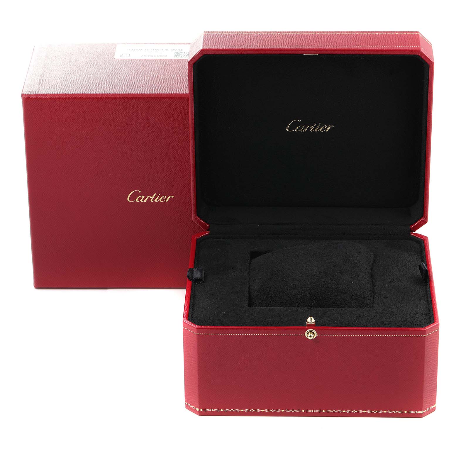 The image shows a red Cartier Tank Anglaise W5310030 Men's Yellow Gold Silver Dial W5310030 Men's Yellow Gold Silver Dial watch box with an open lid, revealing a padded interior.
