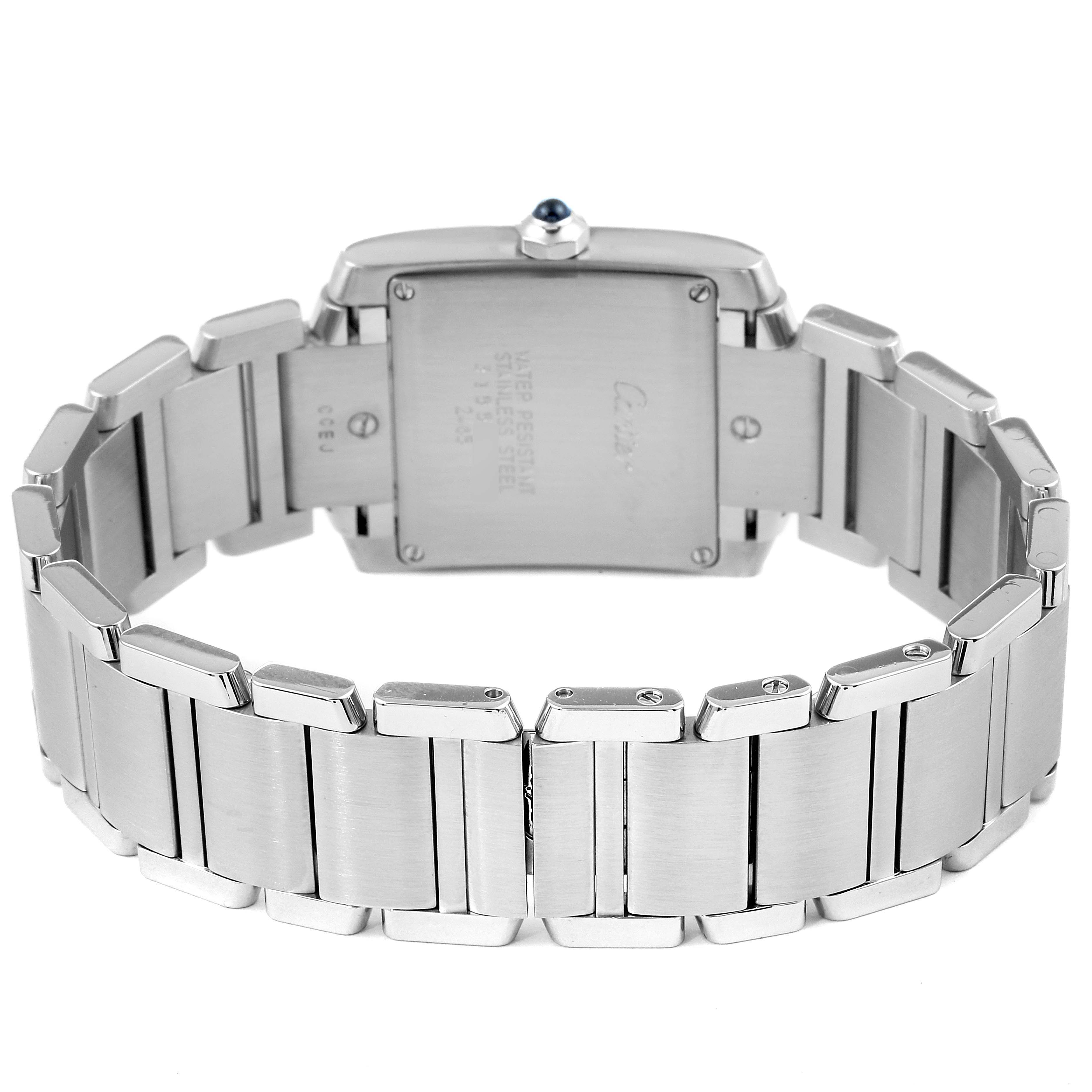 The image shows the back view of the Cartier Tank Francaise W51011Q3 Women's Stainless Steel Silver Dial W51011Q3 Women's Stainless Steel Silver Dial watch, focusing on the bracelet and case back.