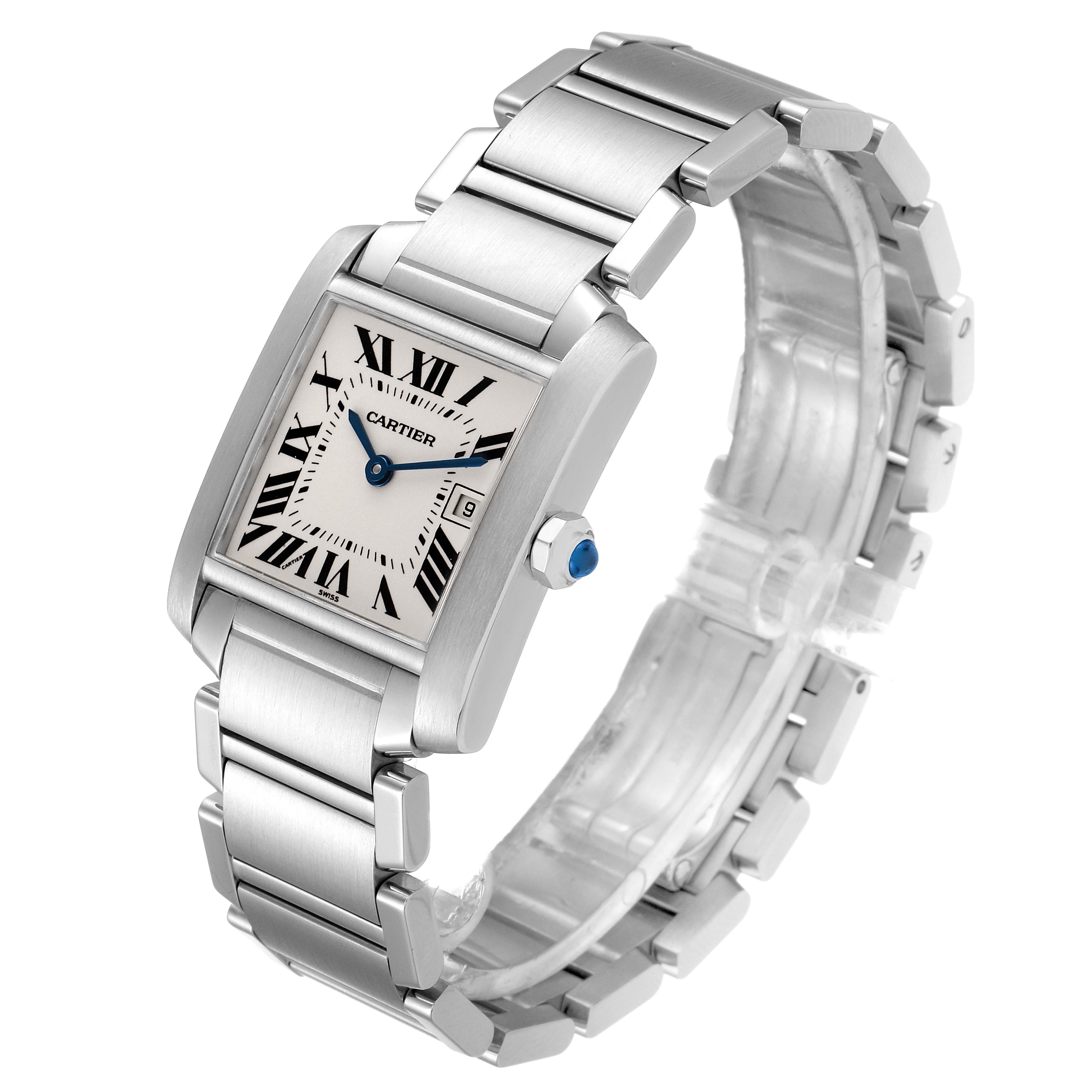 The image shows a side-angle view of a Cartier Tank Francaise W51011Q3 Women's Stainless Steel Silver Dial W51011Q3 Women's Stainless Steel Silver Dial watch, highlighting the rectangular face, bracelet, and bezel.