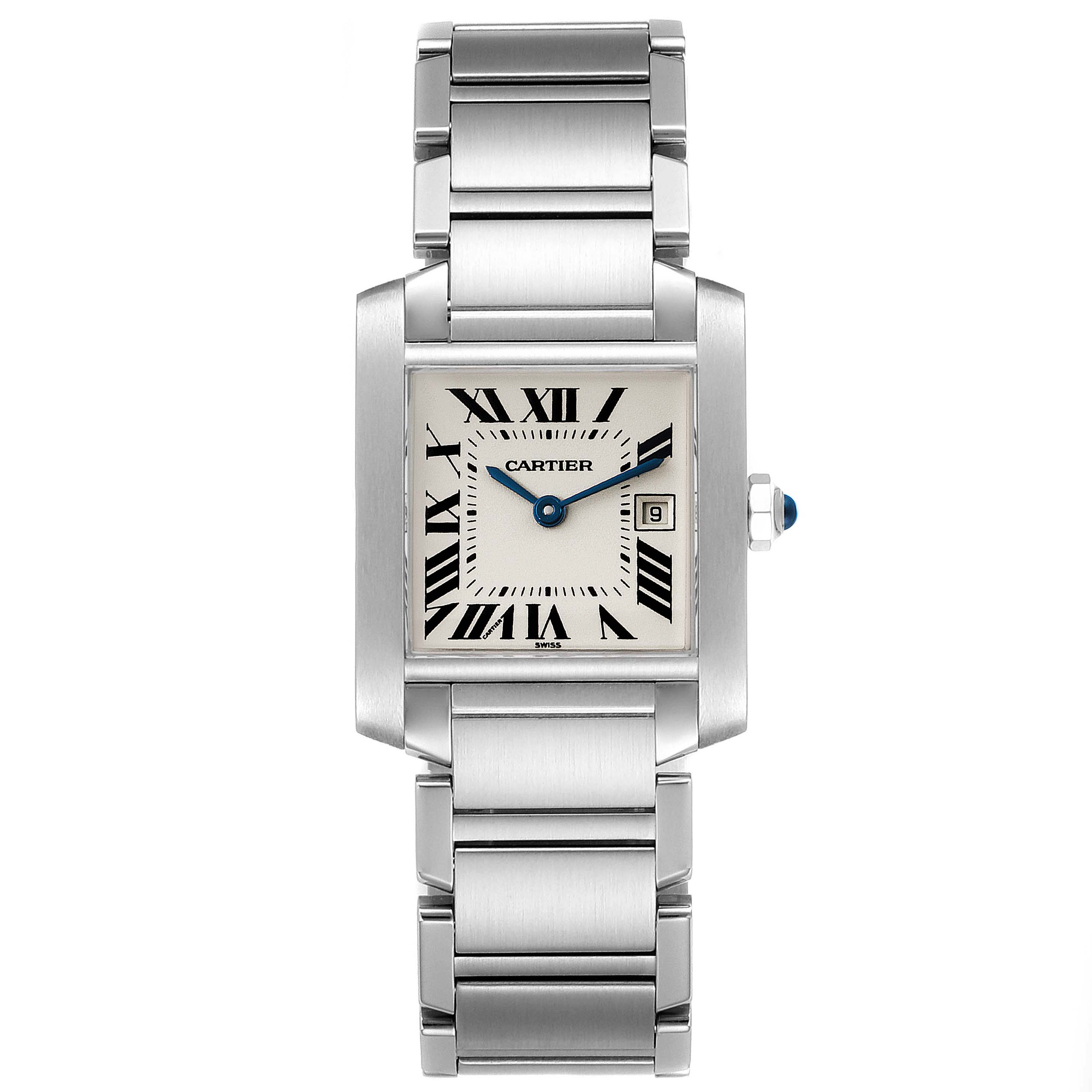 The image shows a Cartier Tank Francaise W51011Q3 Women's Stainless Steel Silver Dial W51011Q3 Women's Stainless Steel Silver Dial watch from a front view, highlighting the face, bracelet, and crown.