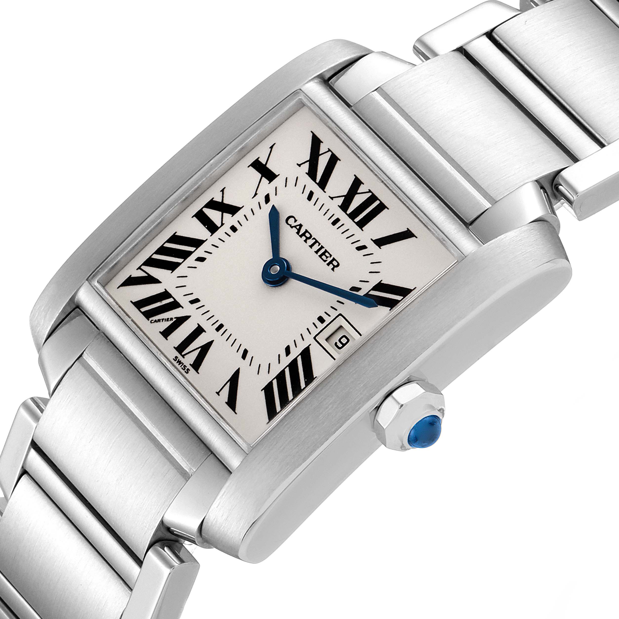The Cartier Tank Francaise W51011Q3 Women's Stainless Steel Silver Dial W51011Q3 Women's Stainless Steel Silver Dial watch is shown at an angle highlighting the dial, bracelet, and crown.