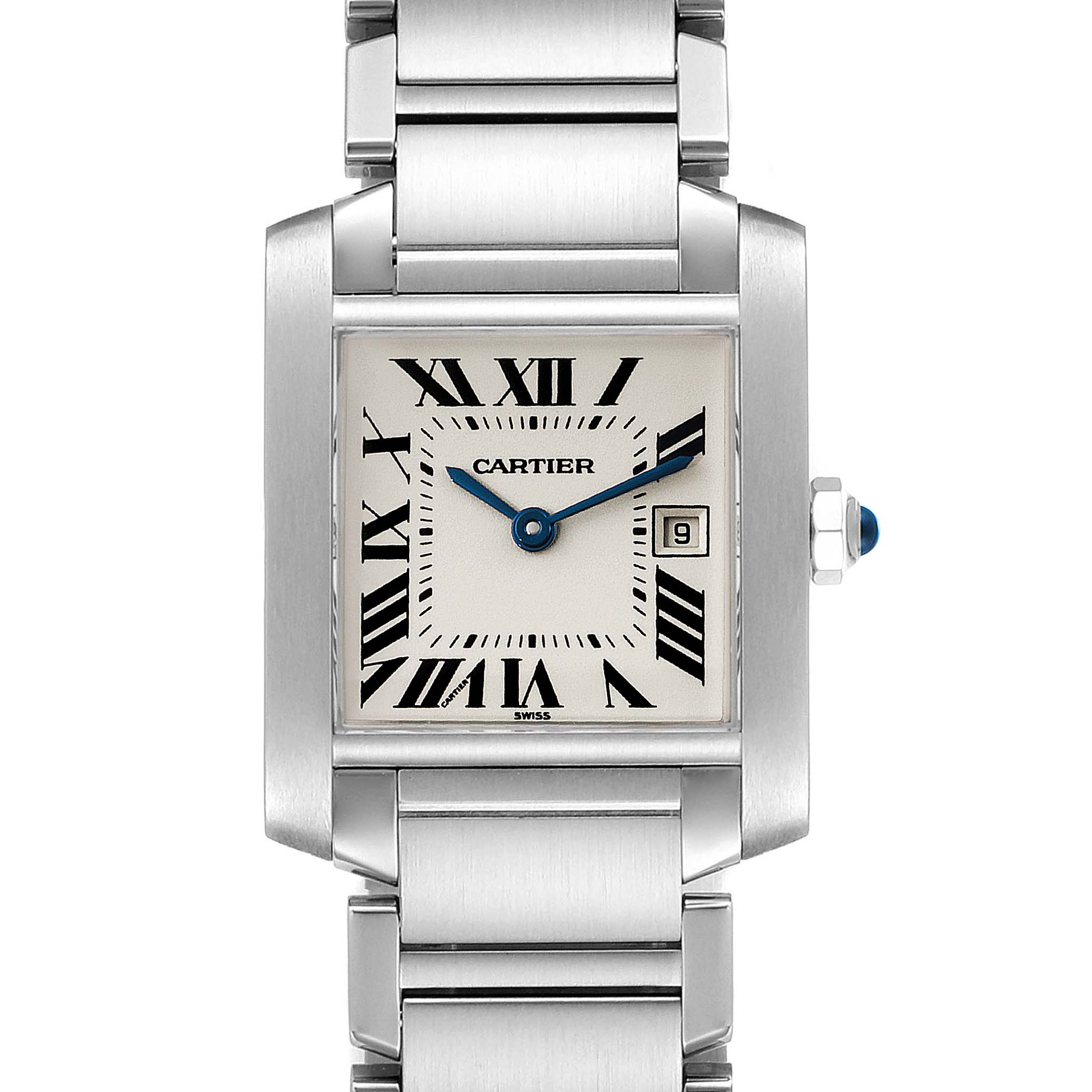 The Cartier Tank Française watch is shown from a front angle, displaying the dial, bracelet, and crown.