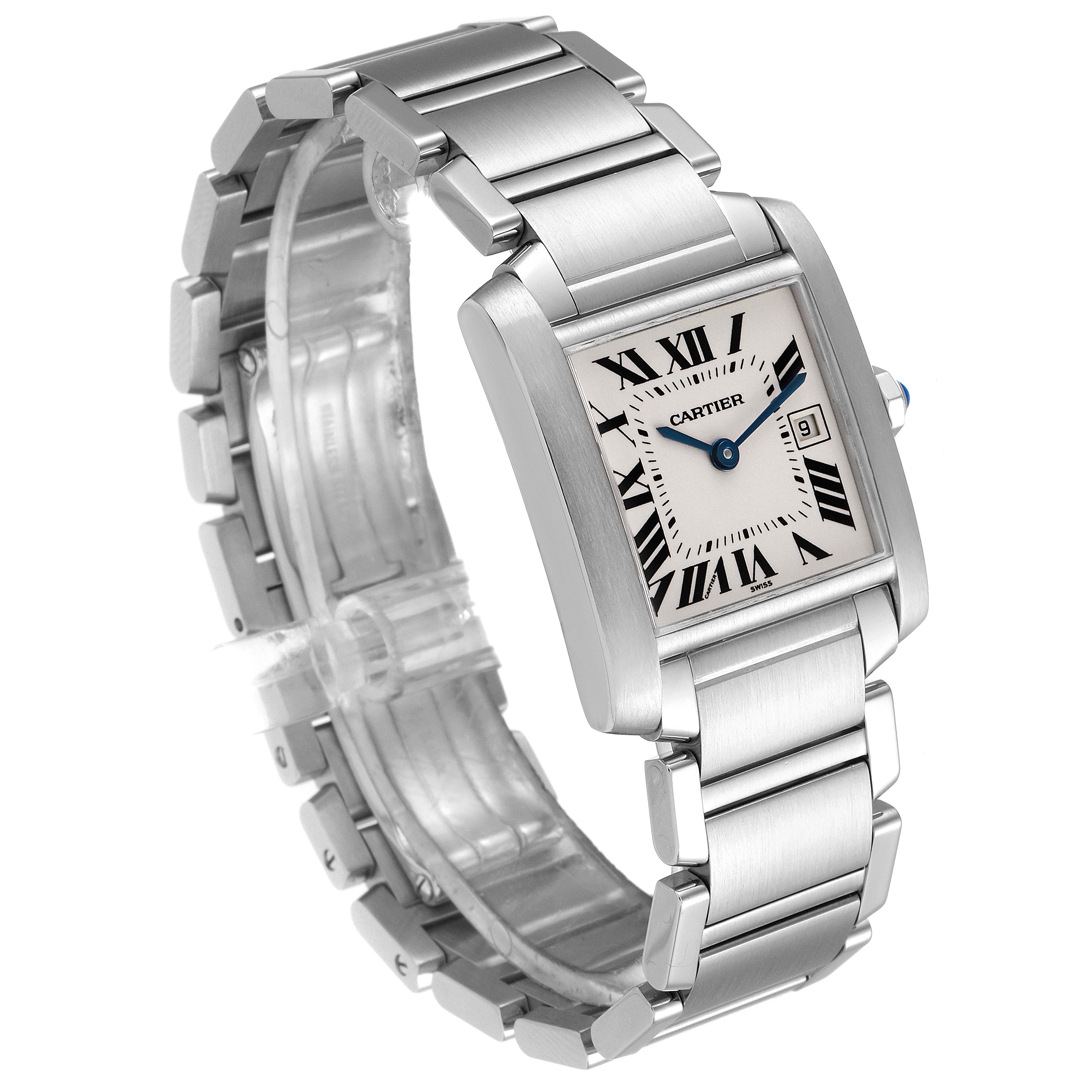The image shows a Cartier Tank Française watch at a three-quarter angle, highlighting its rectangular dial and stainless steel bracelet.