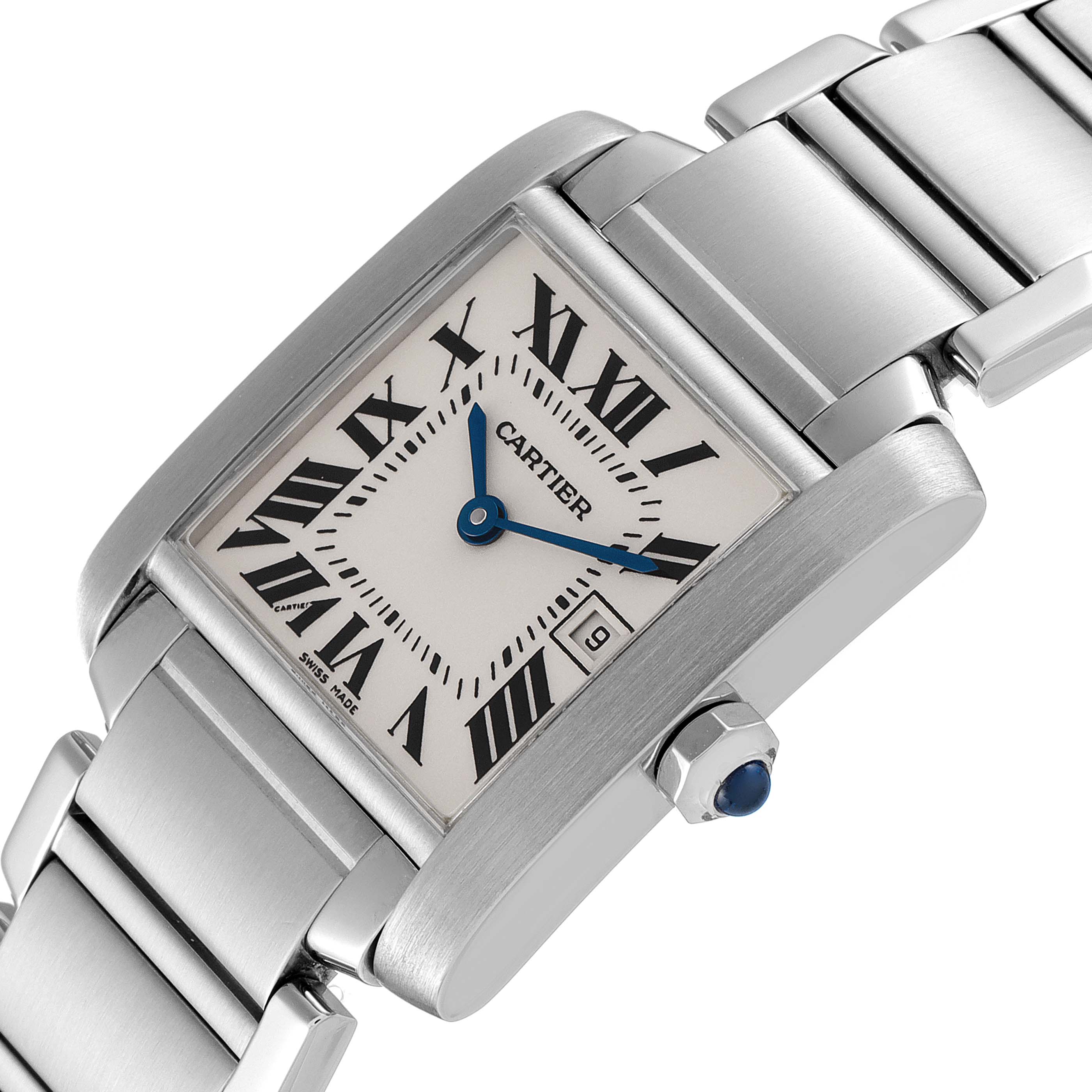 The image shows a close-up angle of the Cartier Tank Française watch, focusing on the dial, bracelet, and crown with a blue cabochon.