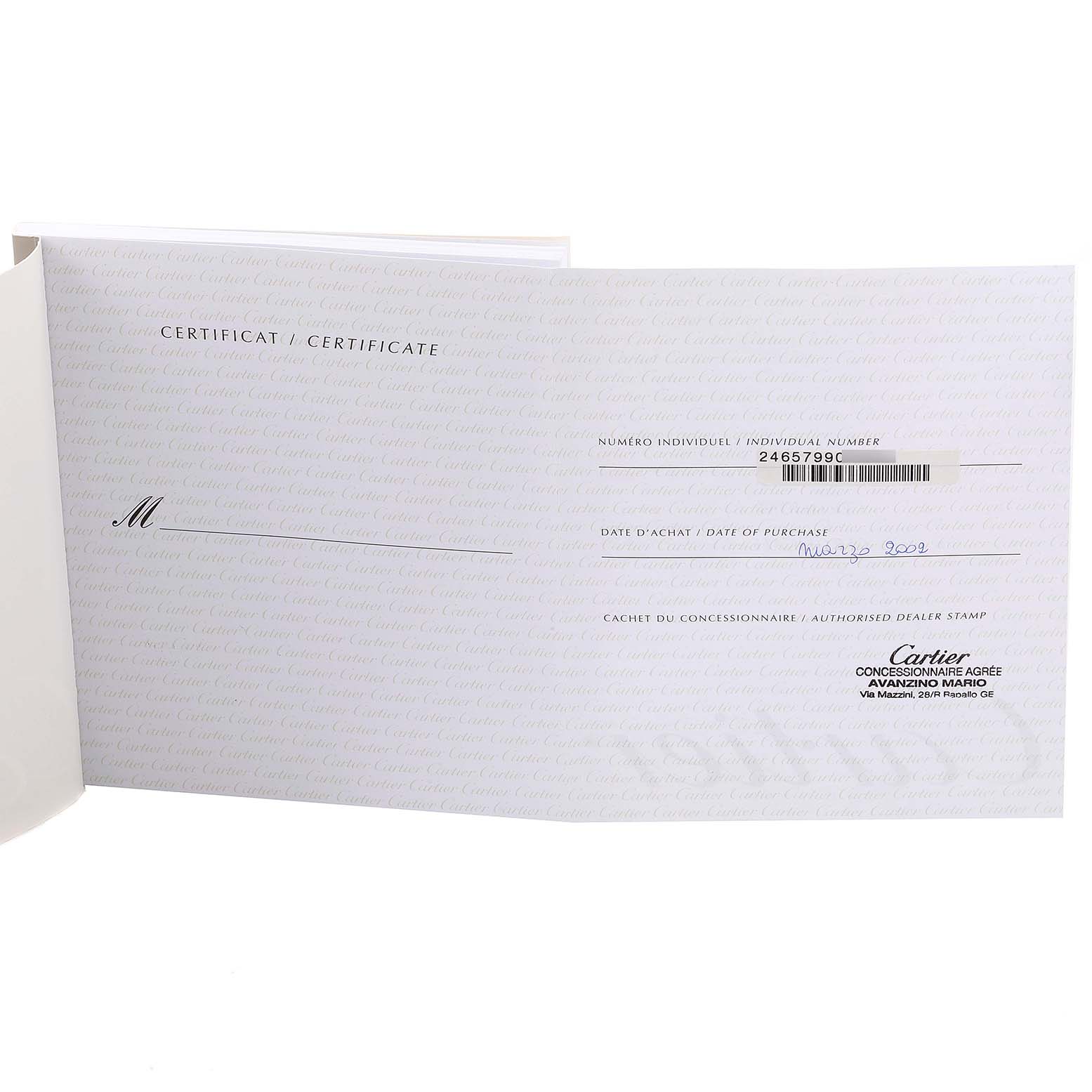 The image shows an open certificate booklet for a Cartier Tank Francaise W51011Q3 Women
s Stainless Steel Silver Dial W51011Q3 Women
s Stainless Steel Silver Dial watch, displaying purchase details and dealer stamp.