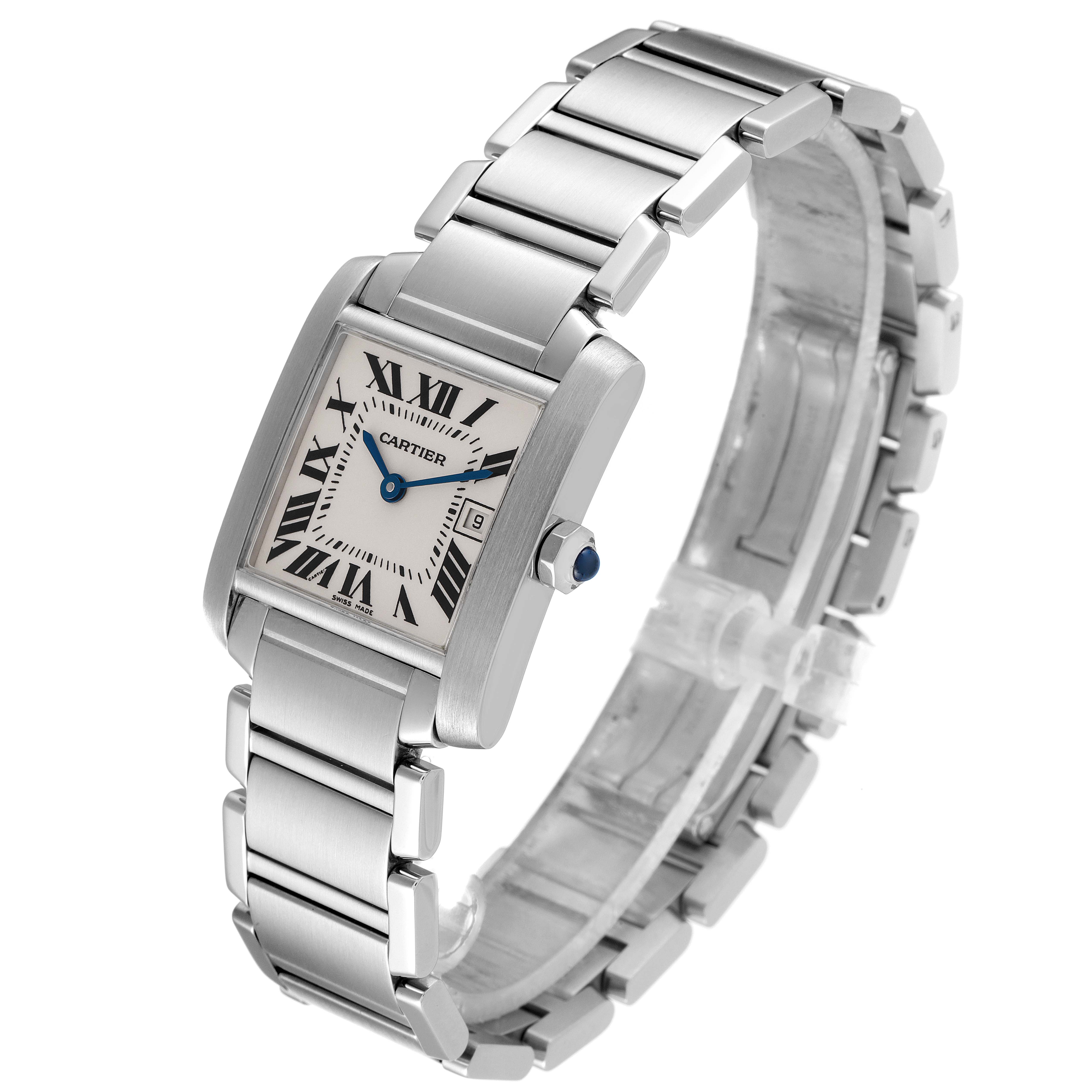 The Cartier Tank Francaise W51011Q3 Women
s Stainless Steel Silver Dial W51011Q3 Women
s Stainless Steel Silver Dial watch is shown from a top-front angle, prominently displaying the face, bezel, and metal bracelet.