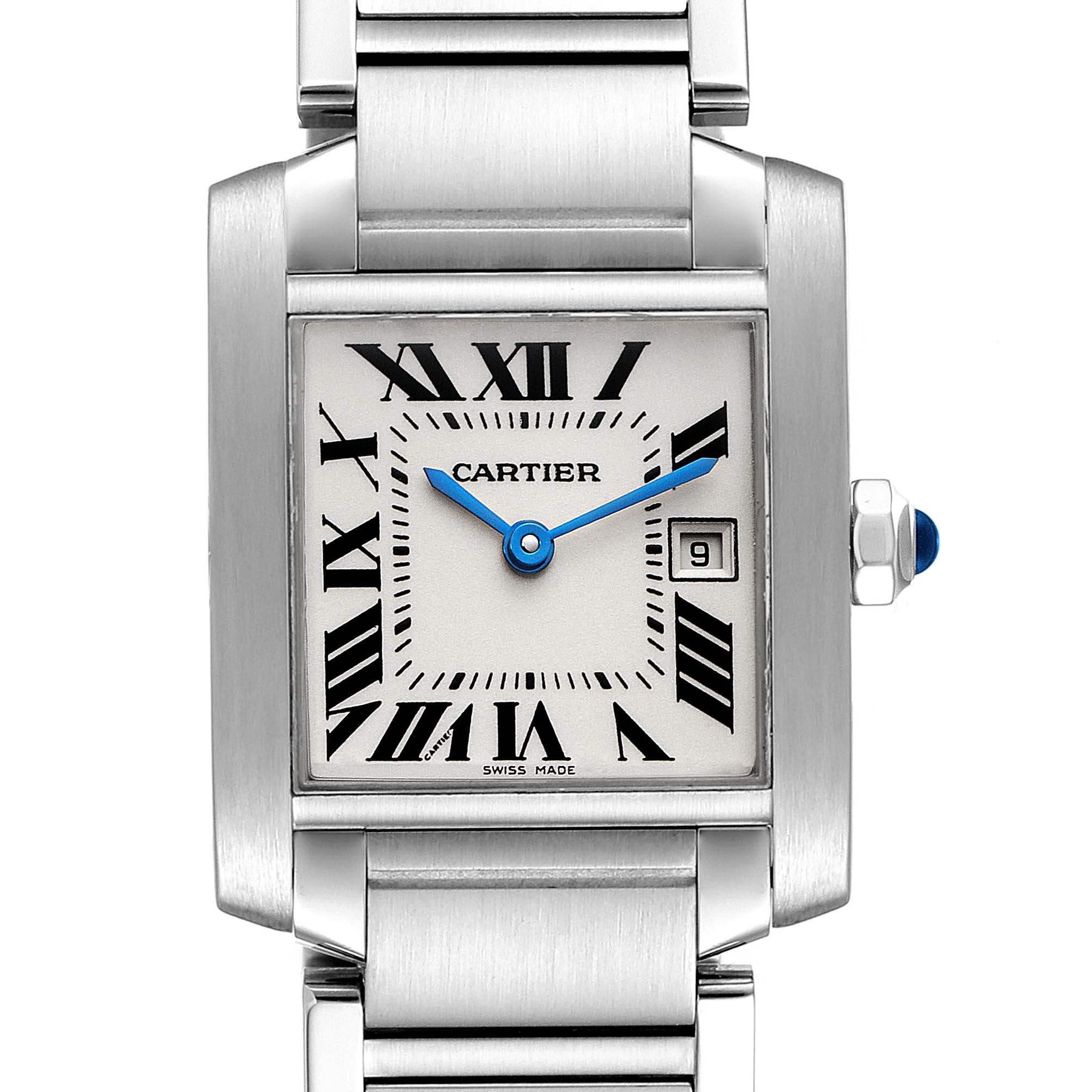 This is a close-up view of the Cartier Tank Francaise W51011Q3 Women
s Stainless Steel Silver Dial W51011Q3 Women
s Stainless Steel Silver Dial watch, showing the face, Roman numerals, date window, and part of the metal bracelet.
