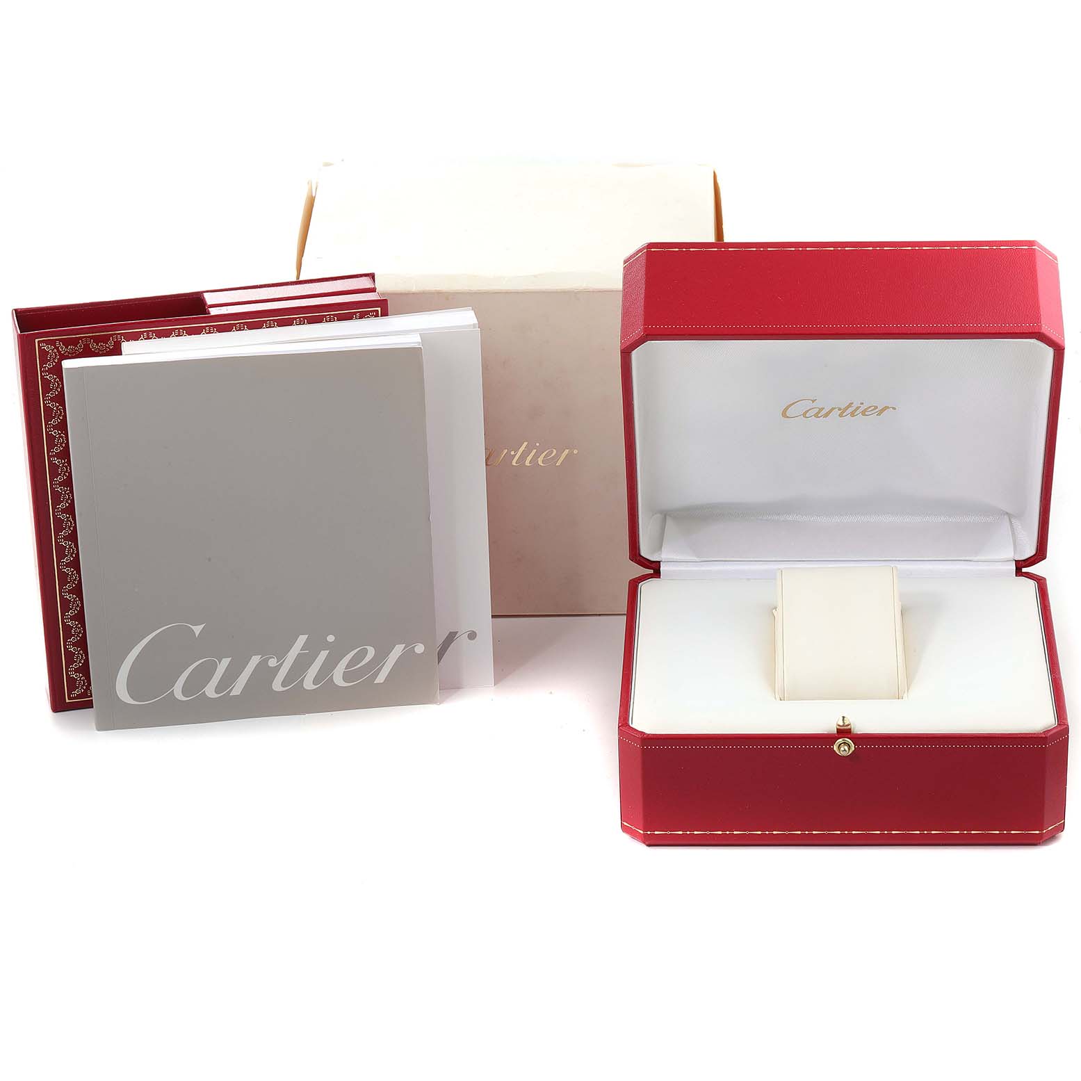The image shows the packaging, including the watch box, outer box, and booklets, for a Cartier Tank Française watch.