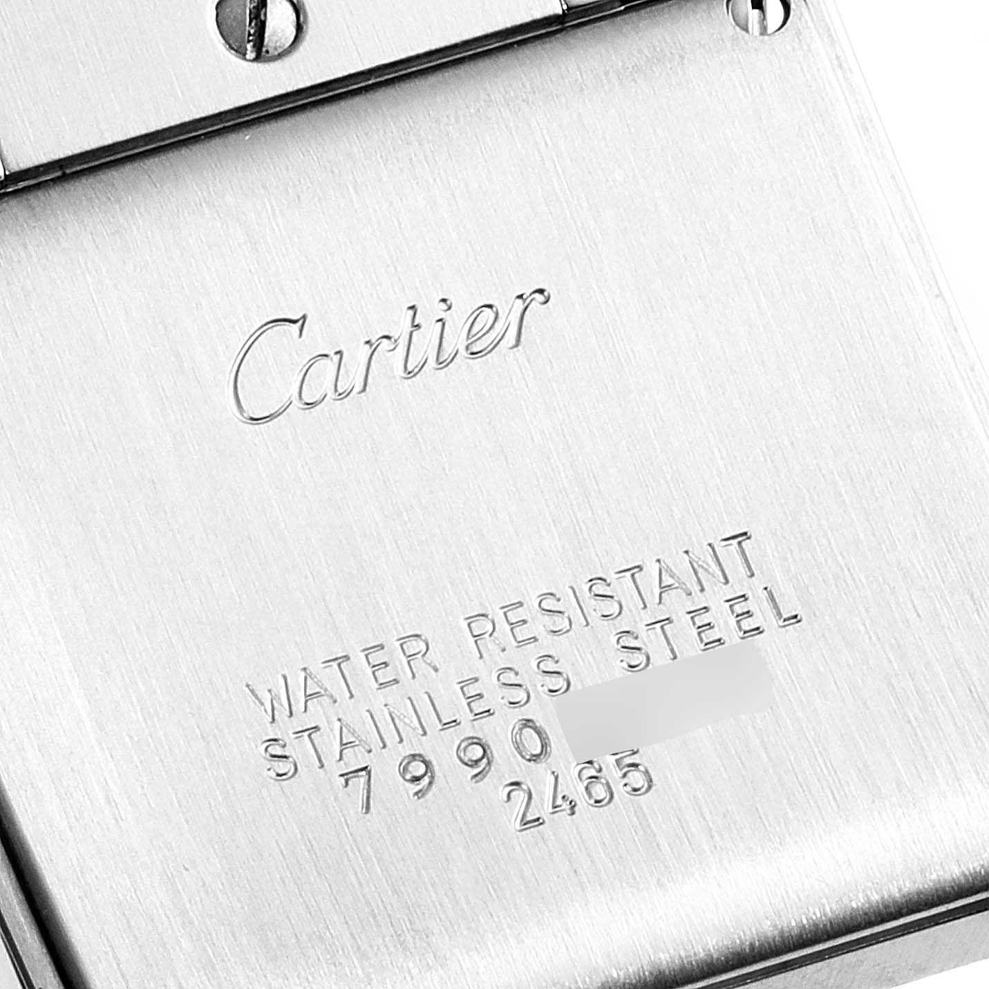 This image shows the back of the Cartier Tank Francaise W51011Q3 Women
s Stainless Steel Silver Dial W51011Q3 Women
s Stainless Steel Silver Dial watch, highlighting its water resistance and stainless steel material.