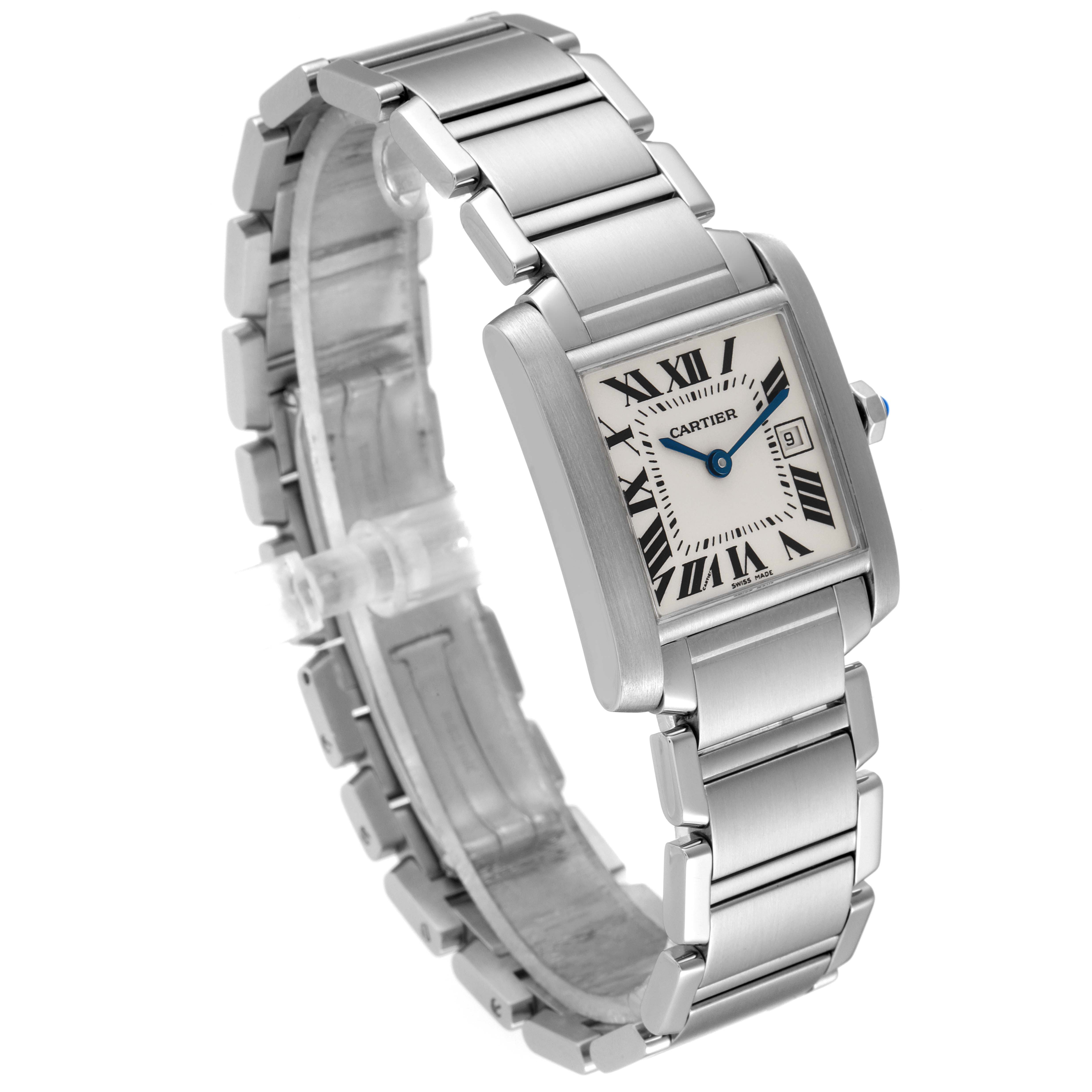 The Cartier Tank Francaise W51011Q3 Women
s Stainless Steel Silver Dial W51011Q3 Women
s Stainless Steel Silver Dial watch is shown at a three-quarter angle, highlighting its rectangular face, Roman numerals, and metal bracelet.