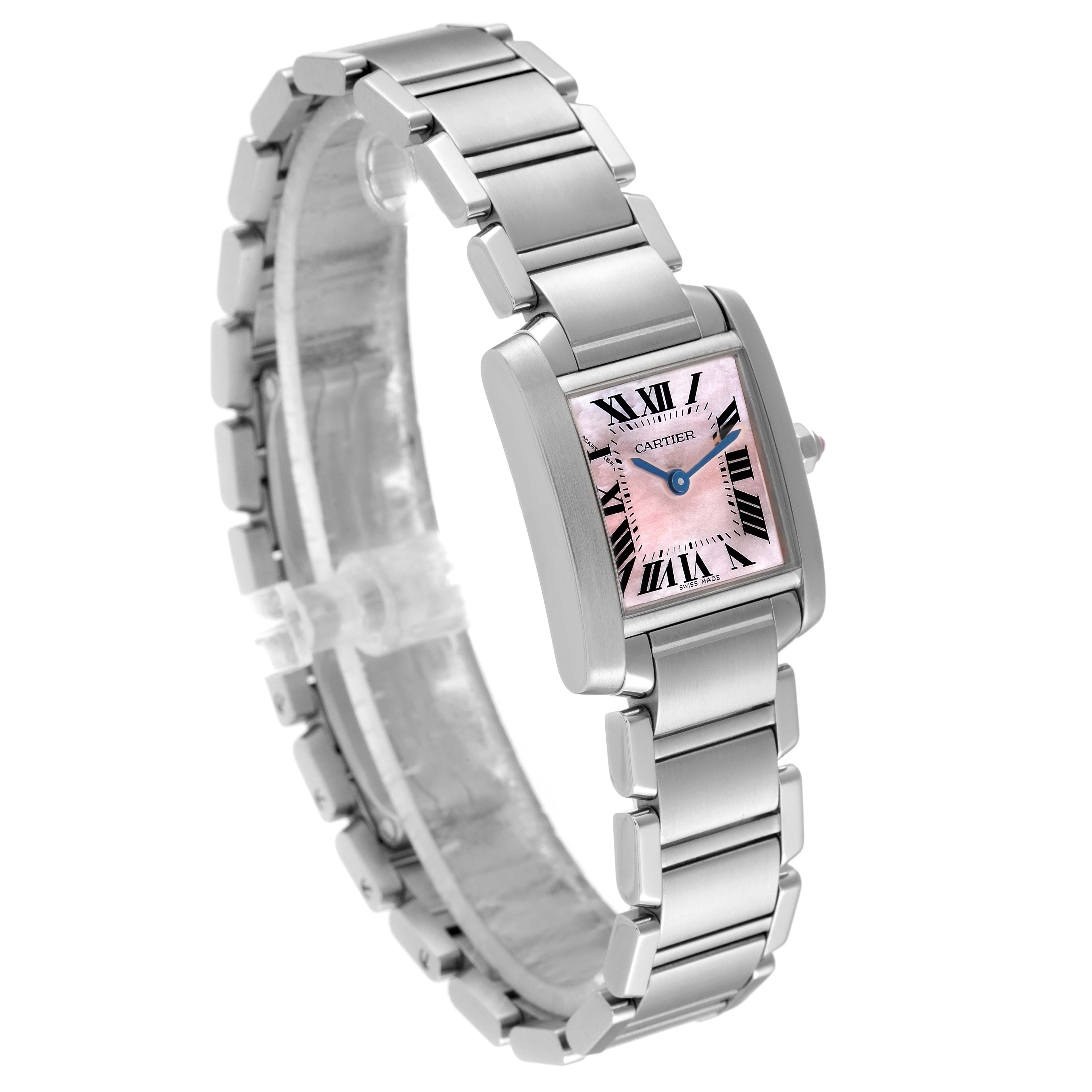 The image shows a Cartier Tank Francaise W51028Q3 Women
s Stainless Steel Mother of Pearl Dial W51028Q3 Women
s Stainless Steel Mother of Pearl Dial watch at a three-quarter angle, highlighting its rectangular face and stainless steel bracelet.