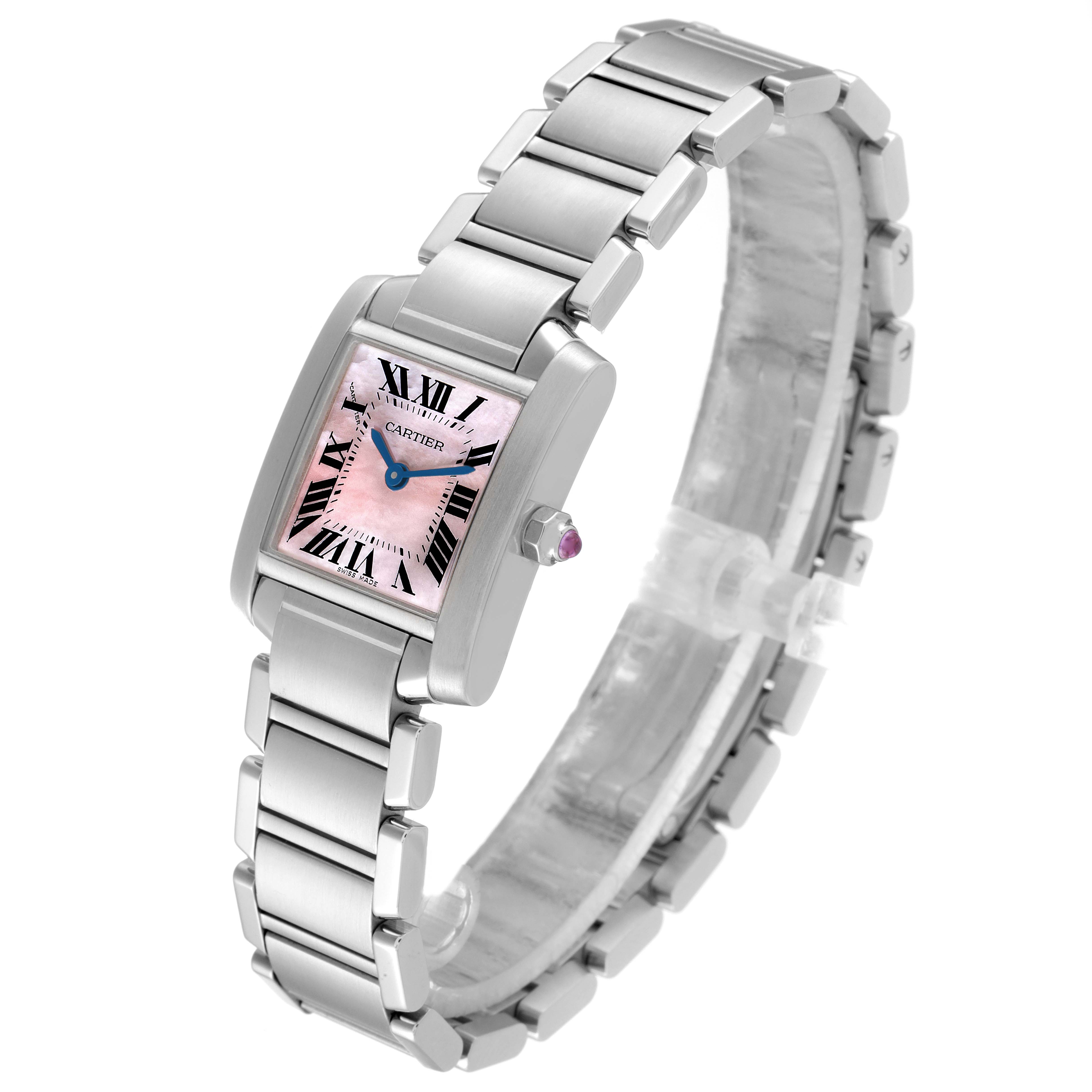 The image shows a Cartier Tank Francaise W51028Q3 Women
s Stainless Steel Mother of Pearl Dial W51028Q3 Women
s Stainless Steel Mother of Pearl Dial watch at a slight angle, highlighting its pink dial, Roman numerals, and metal bracelet.