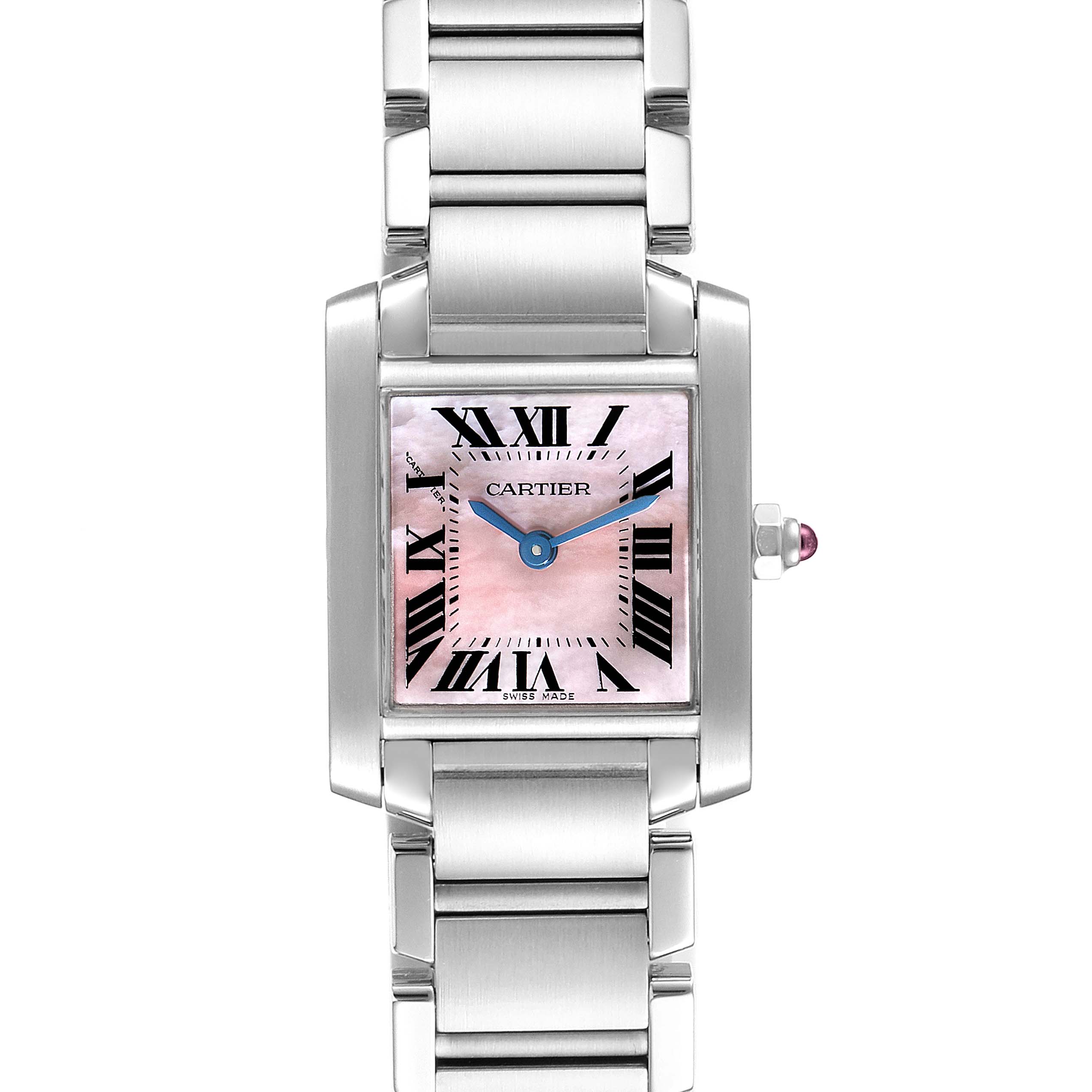 The image shows a Cartier Tank Francaise W51028Q3 Women
s Stainless Steel Mother of Pearl Dial W51028Q3 Women
s Stainless Steel Mother of Pearl Dial watch with a close-up view of the face, bracelet, and side crown.