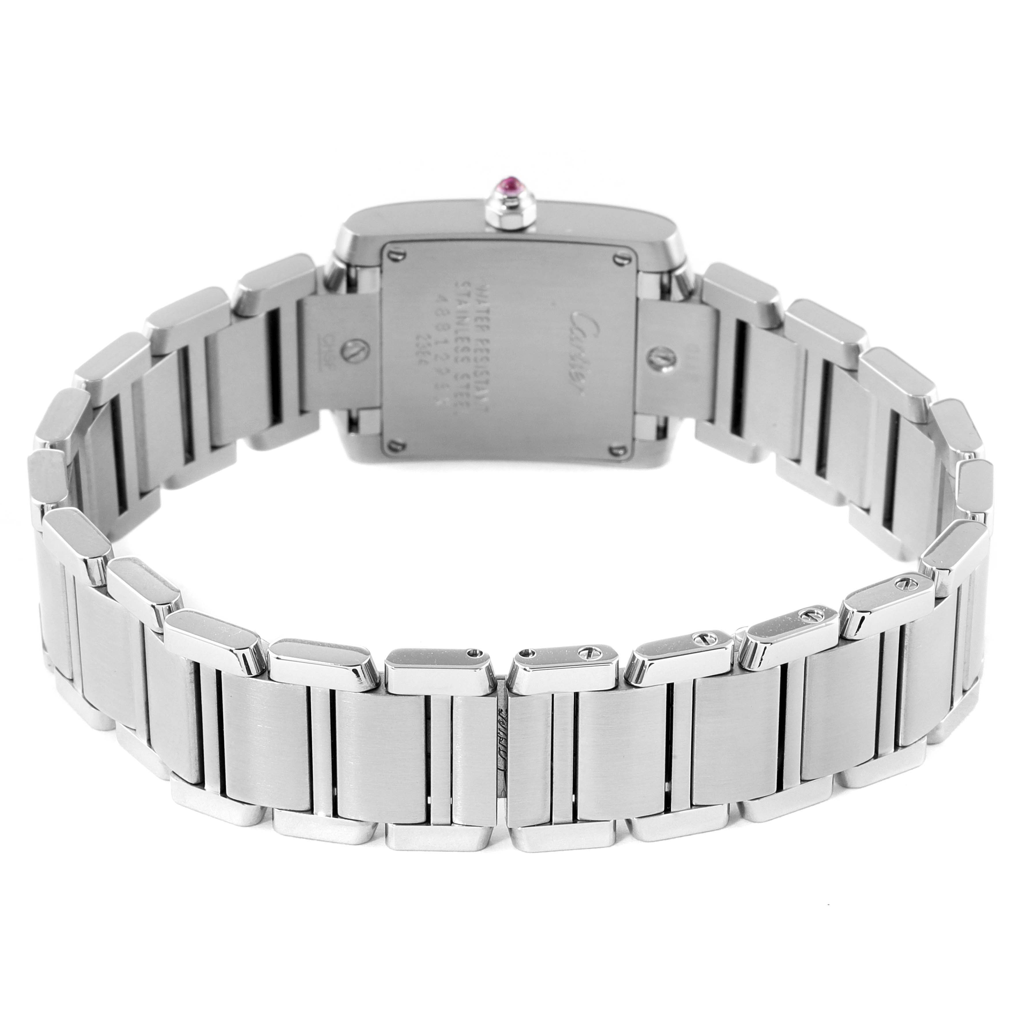 This image shows the back view of a Cartier Tank Française watch, highlighting its stainless steel case and bracelet.
