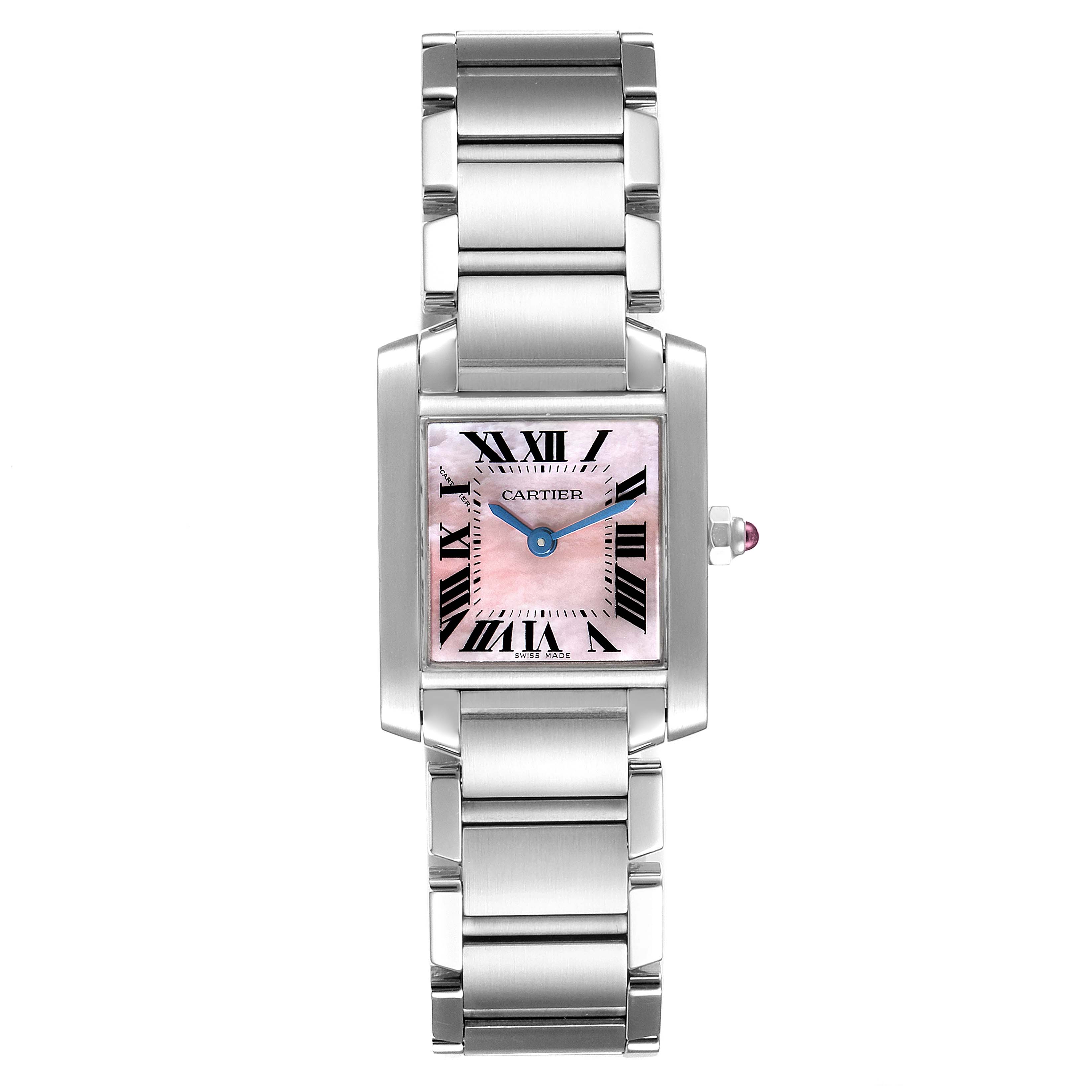 This image displays a Cartier Tank Française watch from a front angle, showcasing its bracelet, case, and dial.