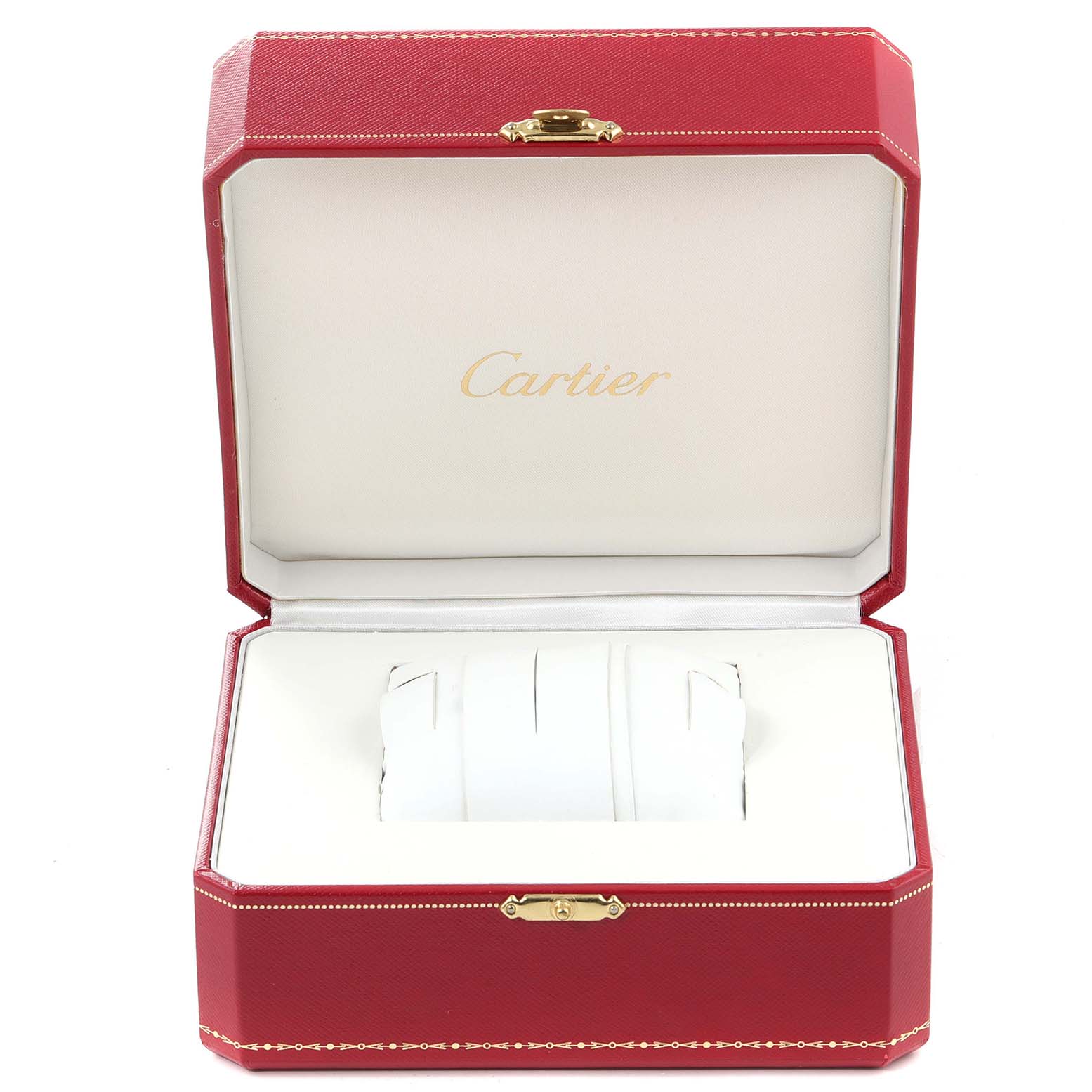 The image shows an open Cartier Tank Francaise W51028Q3 Women
s Stainless Steel Mother of Pearl Dial W51028Q3 Women
s Stainless Steel Mother of Pearl Dial watch box in a red color with gold detailing.