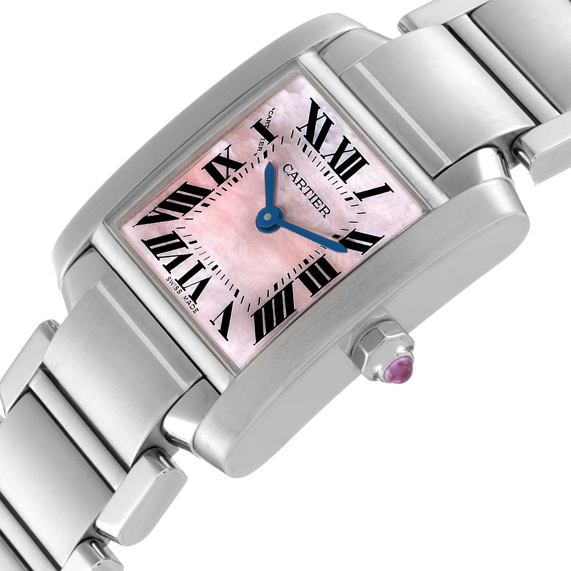 This is a close-up angle showing the face and part of the bracelet of the Cartier Tank Française watch.