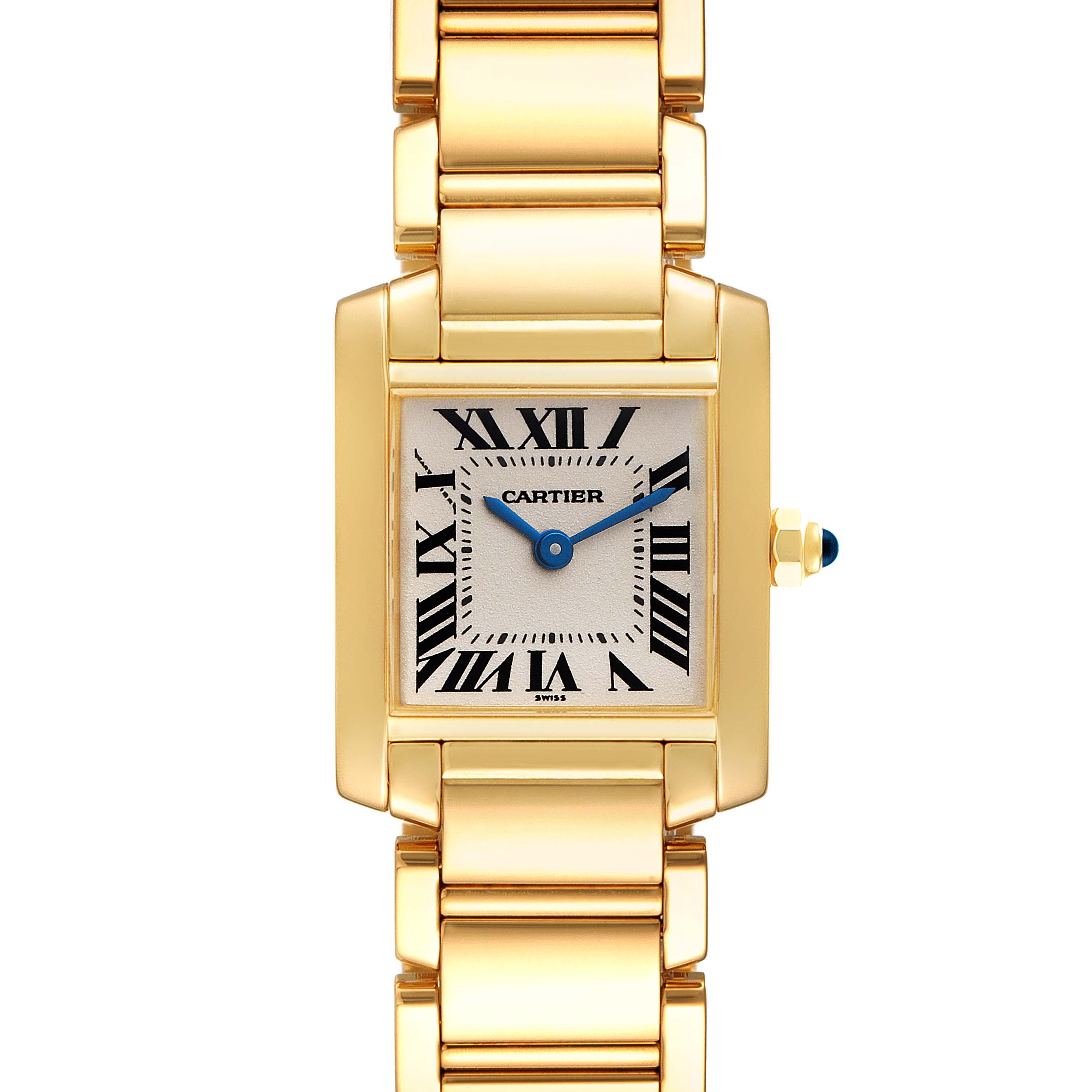 The Tank Française model by Cartier is shown from a top-down angle, highlighting its face, bracelet, and crown.