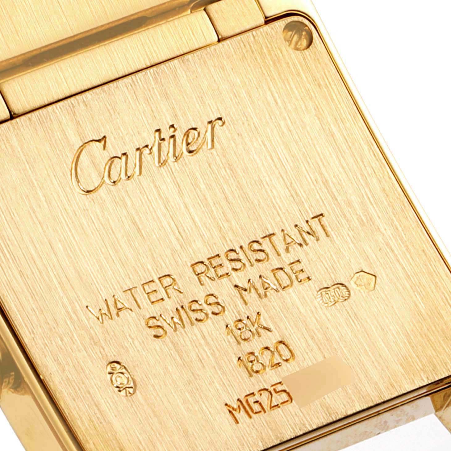 The image shows the back case of a Cartier Tank Francaise W50002N2 Women
s Yellow Gold Silver Dial W50002N2 Women
s Yellow Gold Silver Dial watch, displaying the brand name and specifications.