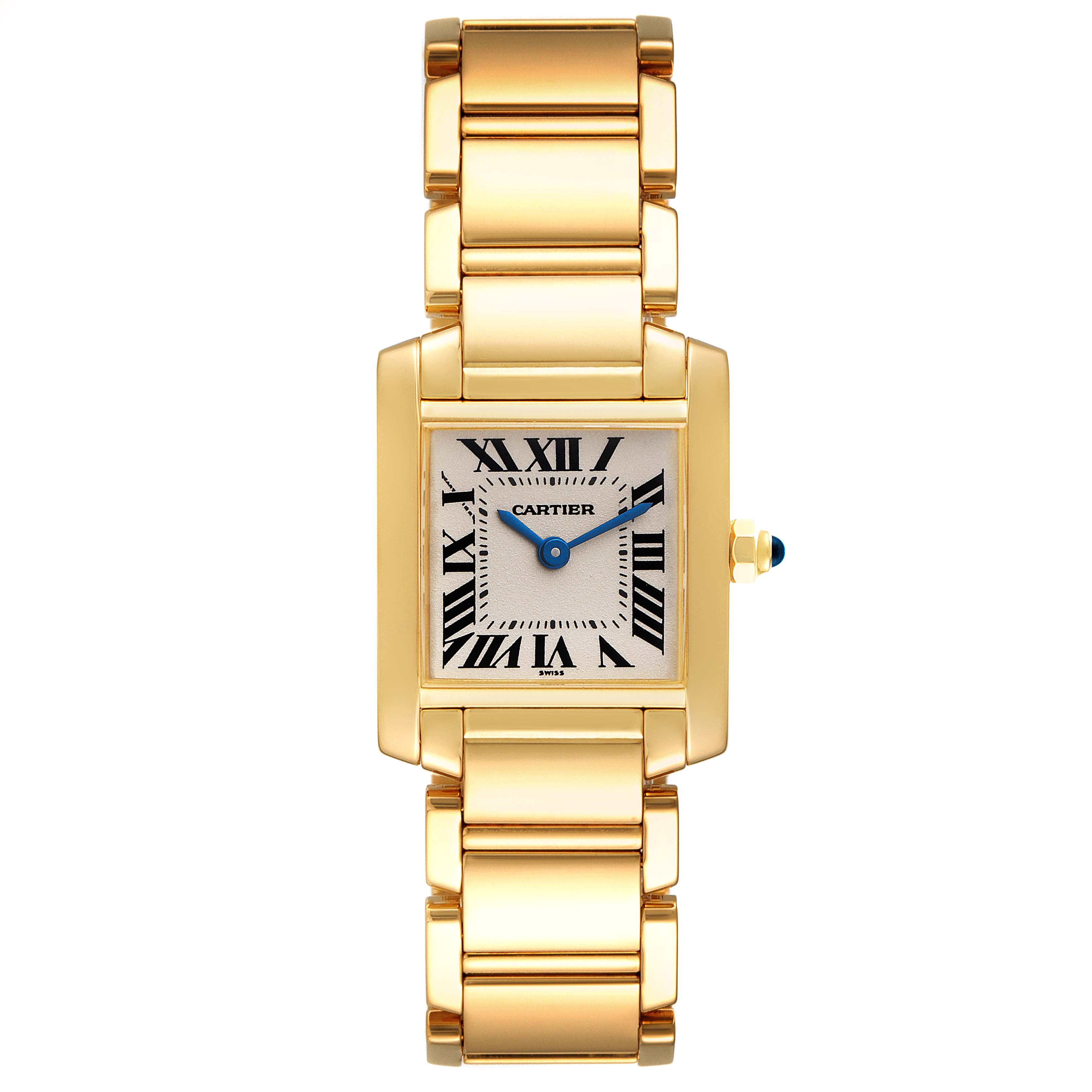 The image shows a front view of a Cartier Tank Française watch, highlighting its gold bracelet and rectangular face.