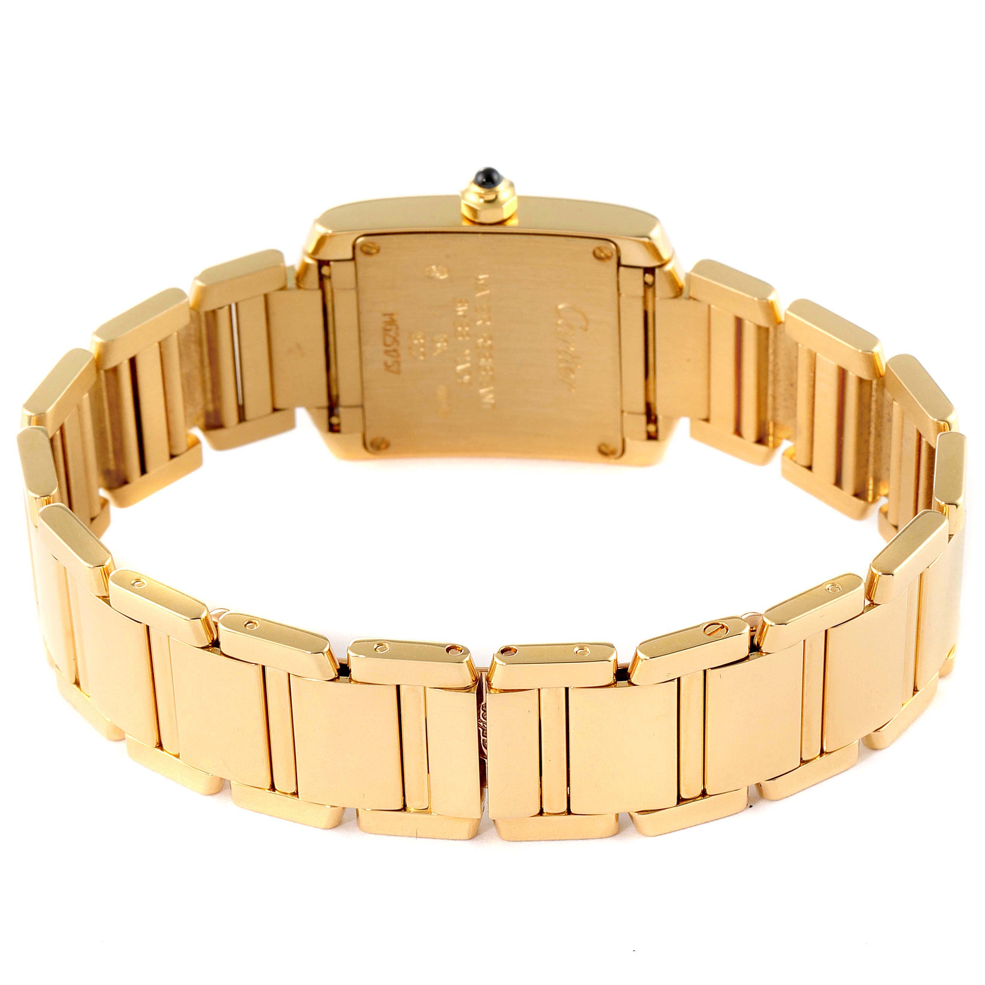 This image shows the back of the Cartier Tank Francaise W50002N2 Women
s Yellow Gold Silver Dial W50002N2 Women
s Yellow Gold Silver Dial watch and its gold bracelet.