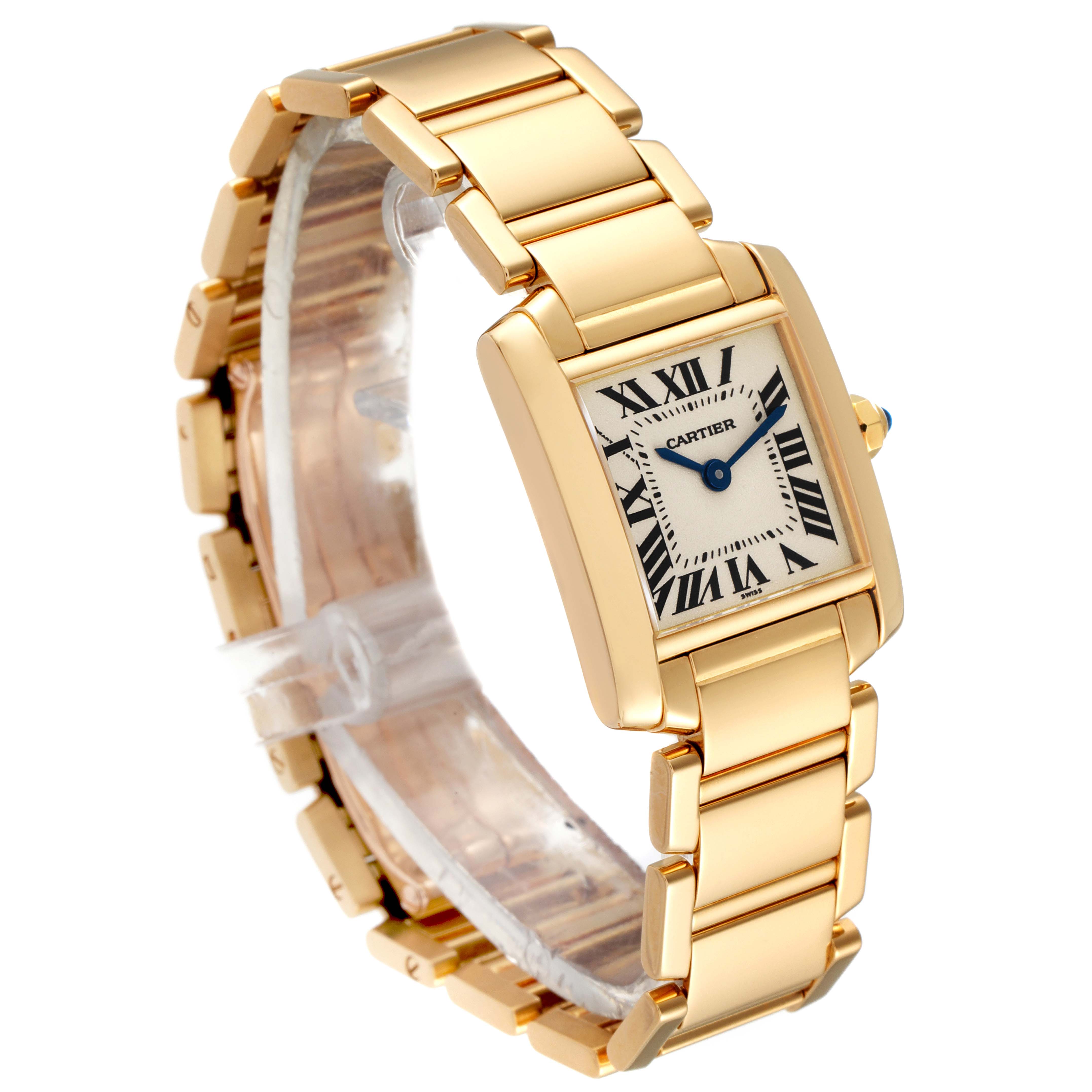 This image shows a side view of the Cartier Tank Française watch, highlighting the band, case, dial, and crown.