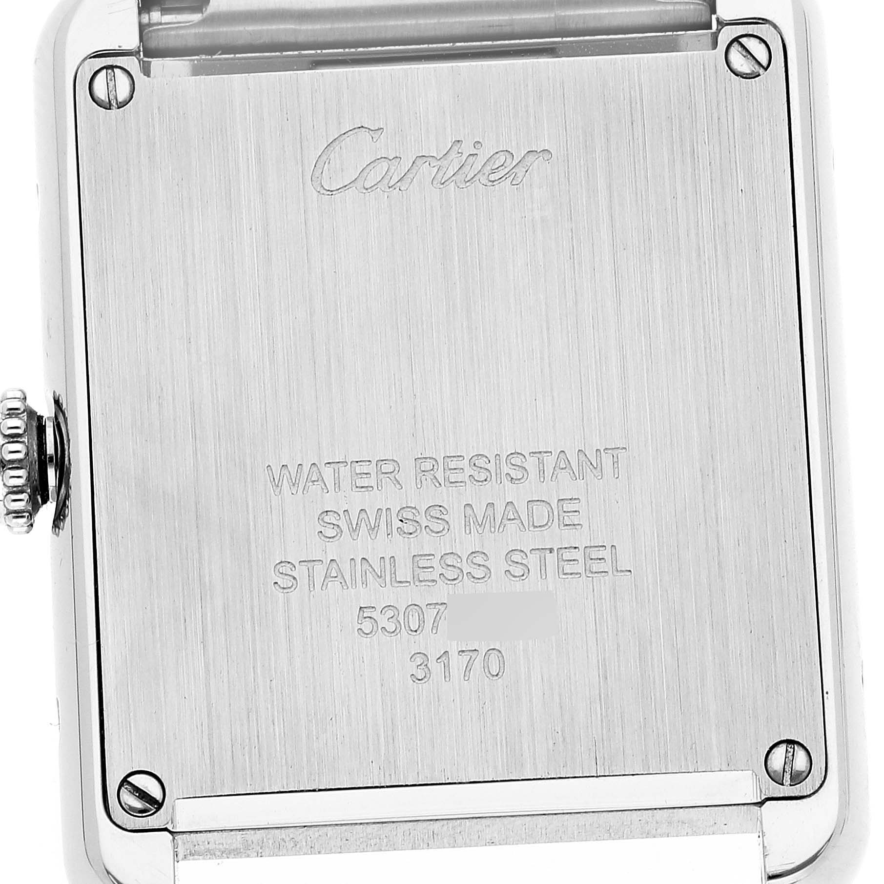 The image shows the back casing of a Cartier Tank Solo W5200013 Women's Stainless Steel Silver Dial W5200013 Women's Stainless Steel Silver Dial watch, detailing its water resistance, Swiss origin, and stainless steel material.