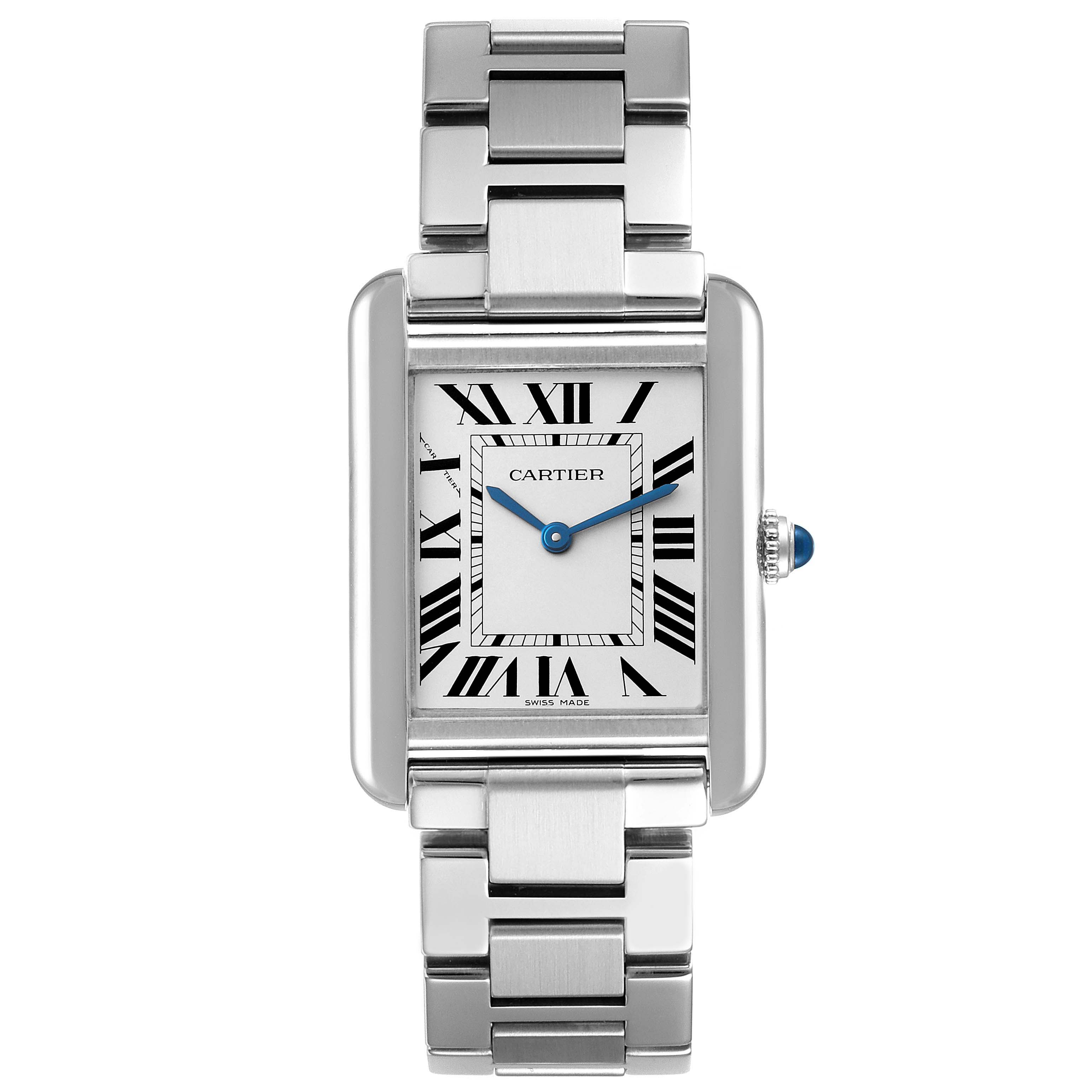 The Cartier Tank Solo W5200013 Women's Stainless Steel Silver Dial W5200013 Women's Stainless Steel Silver Dial watch is shown from the front, displaying the face, bracelet, and blue hands.