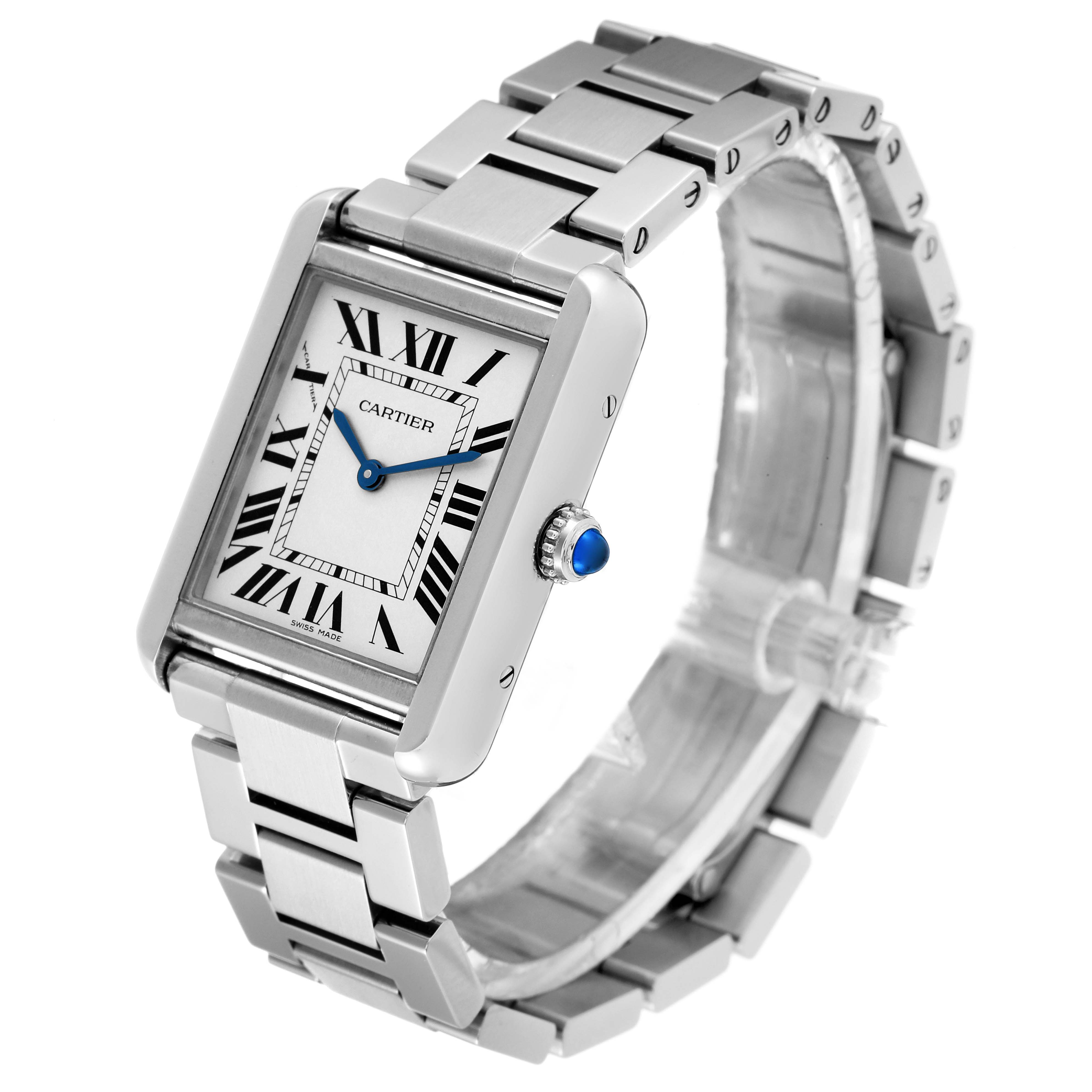 This image shows a Cartier Tank Solo W5200013 Women's Stainless Steel Silver Dial W5200013 Women's Stainless Steel Silver Dial watch at an angle that highlights its face, bezel, crown, and metal bracelet.