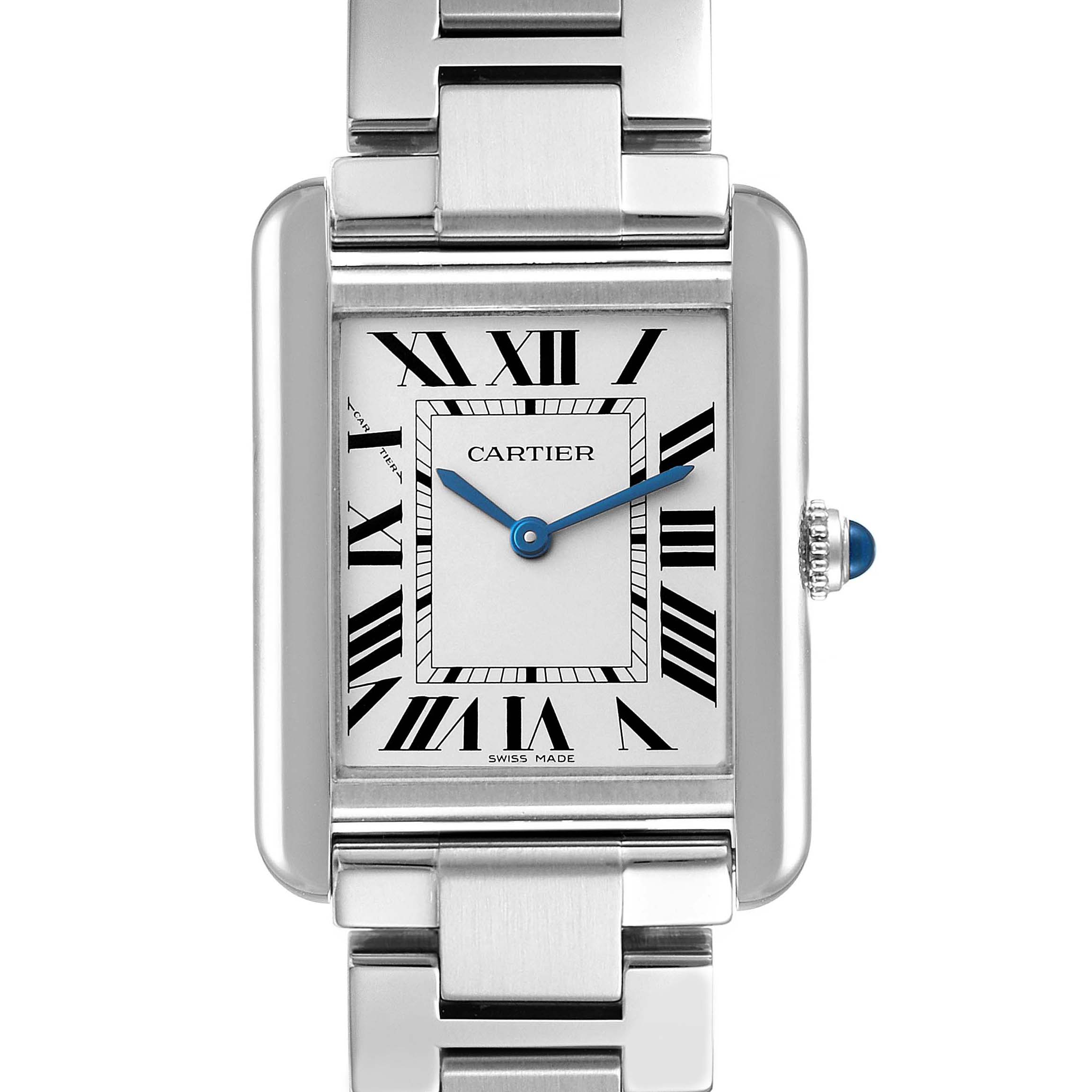 This image shows a frontal view of the Cartier Tank Solo W5200013 Women's Stainless Steel Silver Dial W5200013 Women's Stainless Steel Silver Dial watch, highlighting the face, Roman numerals, and part of the bracelet.