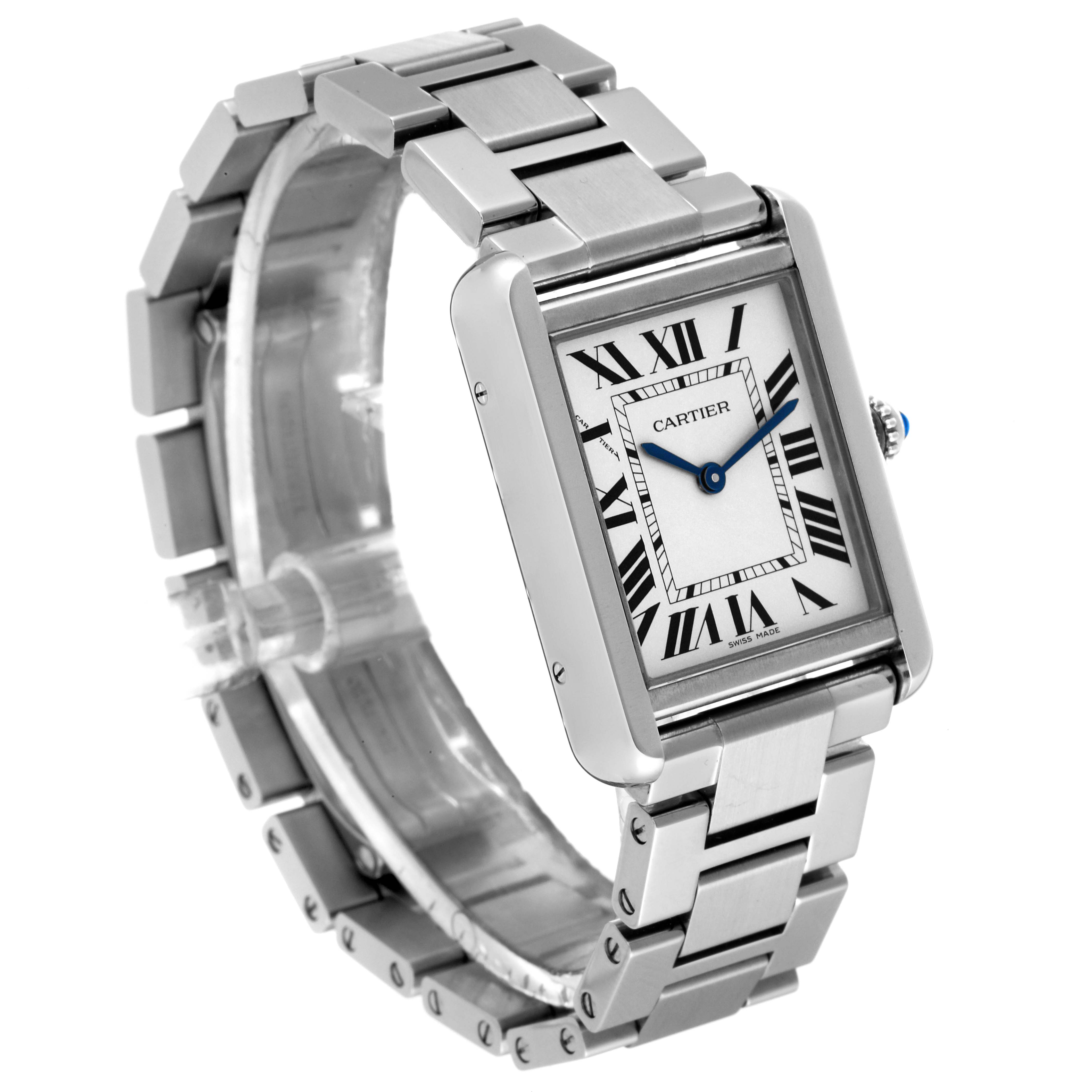 This image shows a front angled view of the Cartier Tank Solo W5200013 Women's Stainless Steel Silver Dial W5200013 Women's Stainless Steel Silver Dial watch, highlighting its face, bracelet, and Roman numerals.