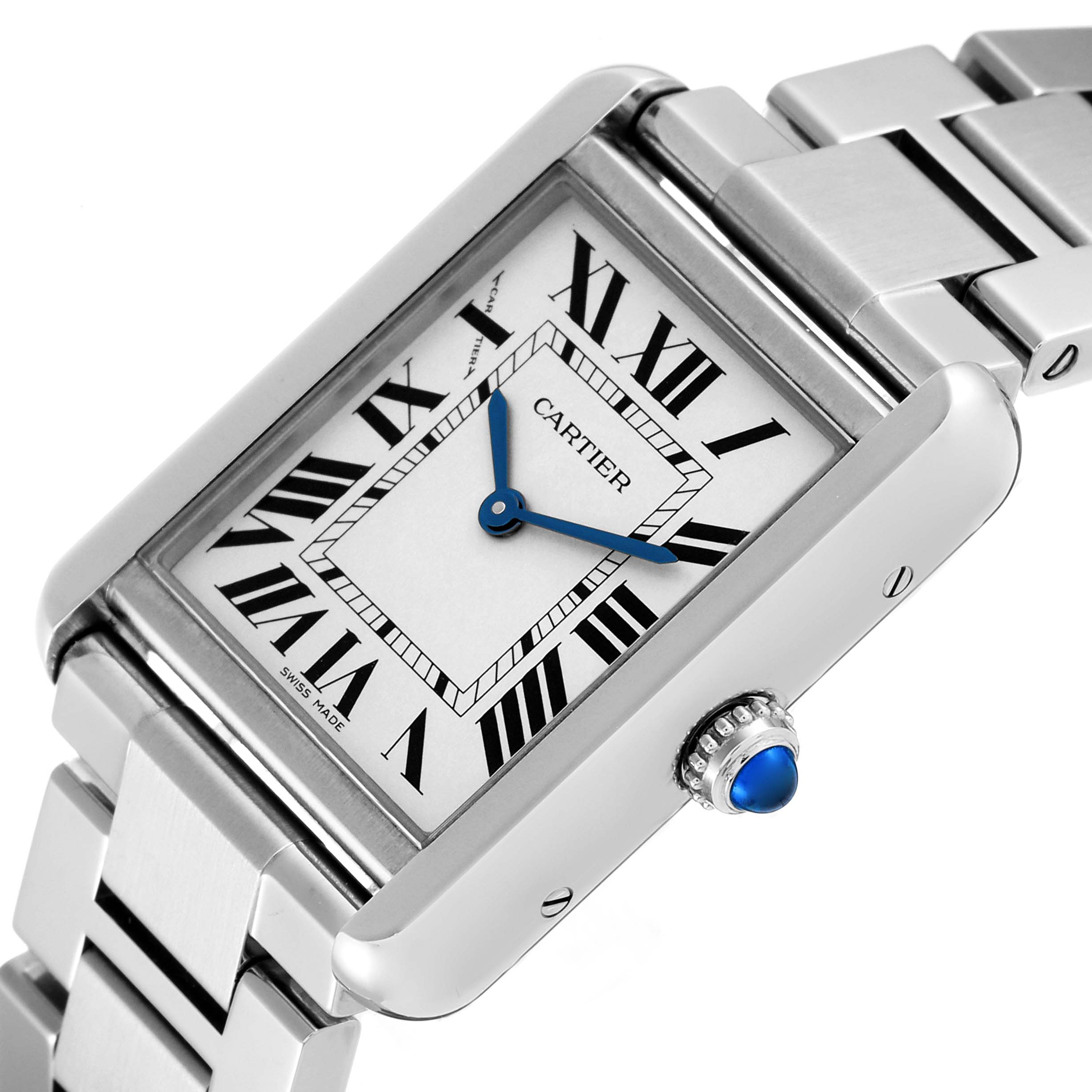 The image shows a close-up angle of the Cartier Tank Solo W5200013 Women's Stainless Steel Silver Dial W5200013 Women's Stainless Steel Silver Dial watch, highlighting its face, crown, and metal strap.