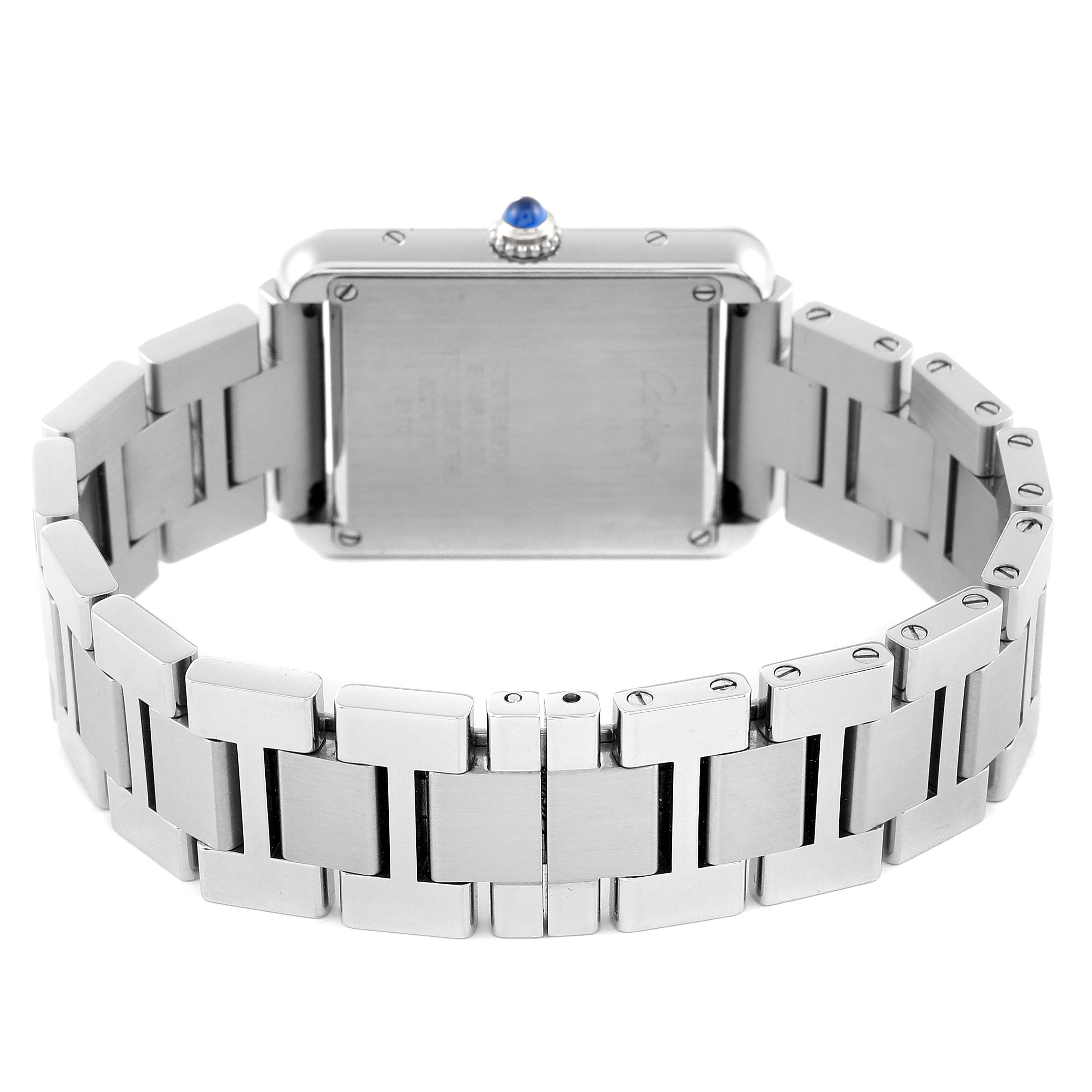 This image shows the back view of the Cartier Tank Solo W5200013 Women's Stainless Steel Silver Dial W5200013 Women's Stainless Steel Silver Dial watch, highlighting its metal bracelet and caseback.