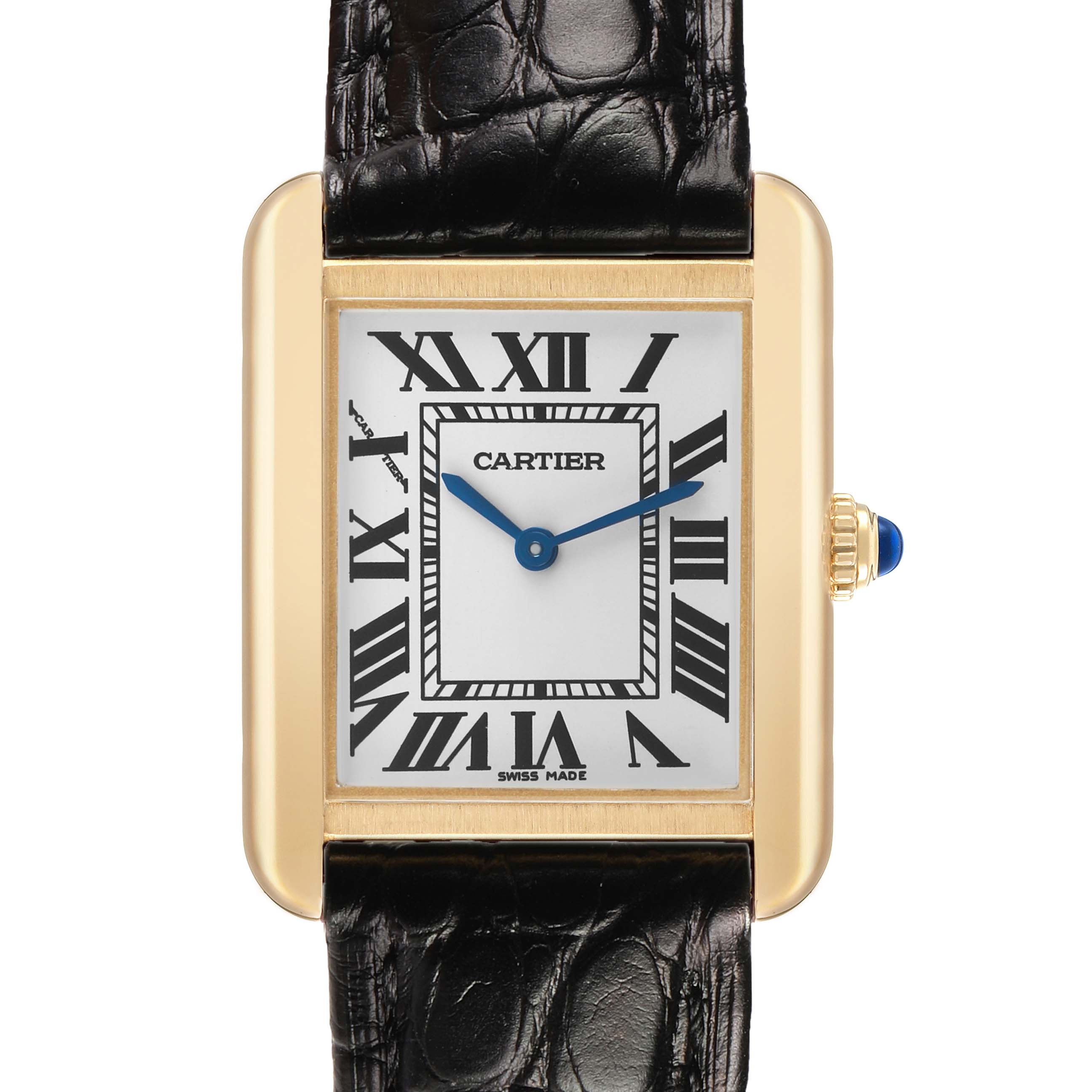 The Cartier Tank Solo W5200002 Women's Yellow Gold Silver Dial watch is shown front-on, highlighting its rectangular dial, Roman numerals, blue hands, leather strap, and crown.